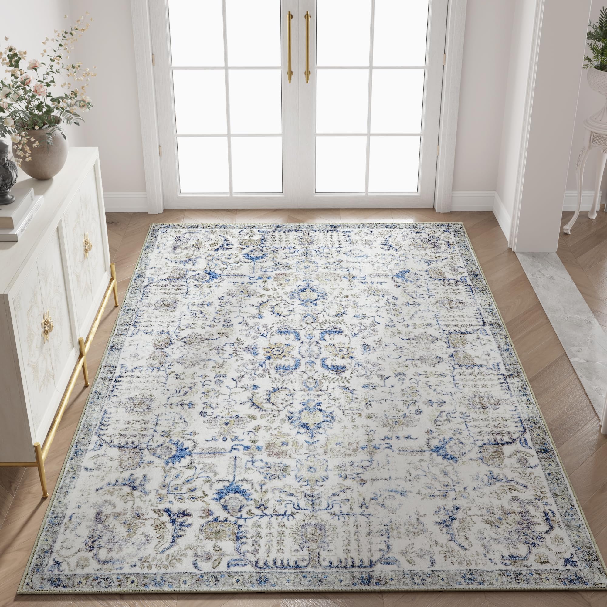 jinchan Area Rug 5x7 Washable Living Room Rug Soft Vintage Indoor Thin Retro Distressed Floor Cover Blue Floral Country Boho Rug