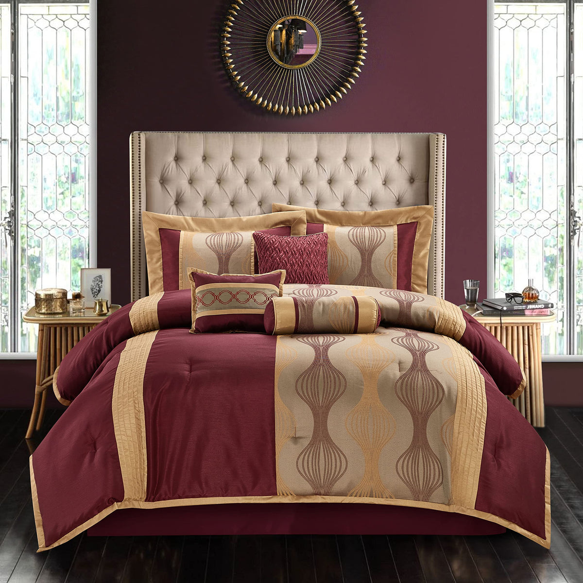 Stratford Park Wine Gold 7 Pieces Lightweight Microfiber Bed-In-A-Bag Comforter Bedding Set, Jacquard King Comforter Set, All Se