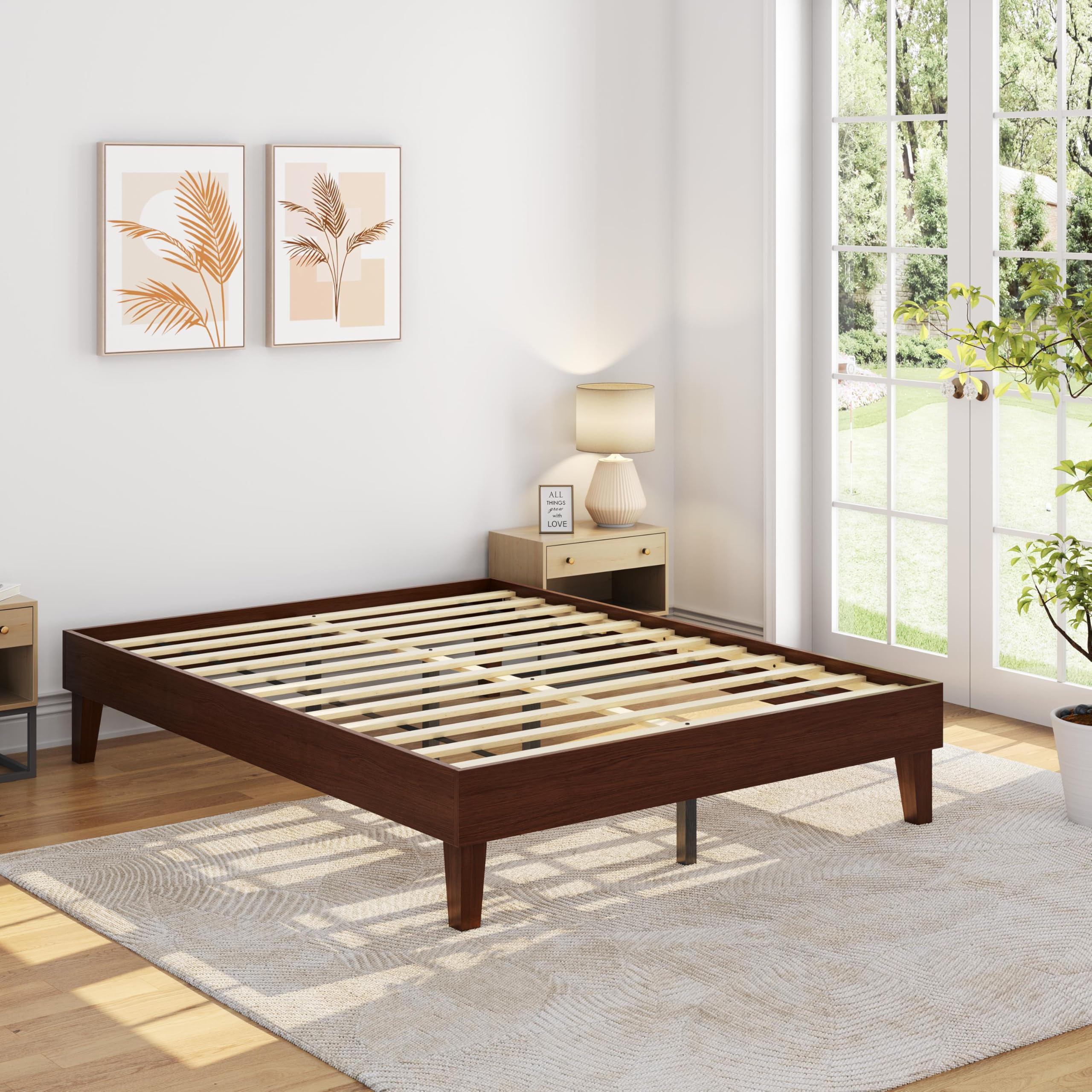 Yaheetech Queen Bed Frame Natural Solid Wood Platform Bed with Wooden Slats Support, 7.3-inch Underbed Space for Storage, Noise-
