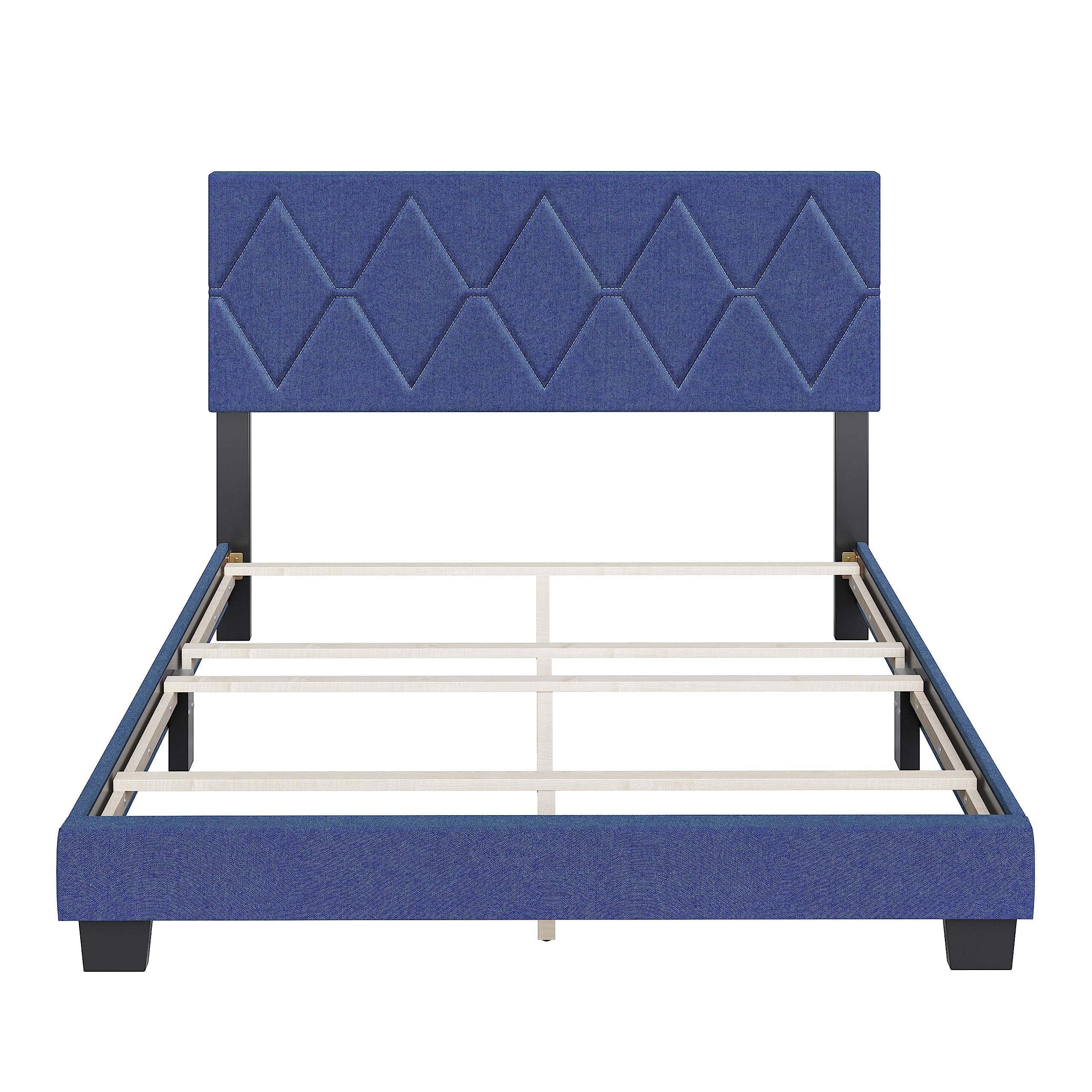Boyd Sleep Diamond Upholstered Platform Bed with Headboard and Durable Mattress Foundation with Strong 4 Wood Slat Supports, Box Spring Required: Queen, Blue