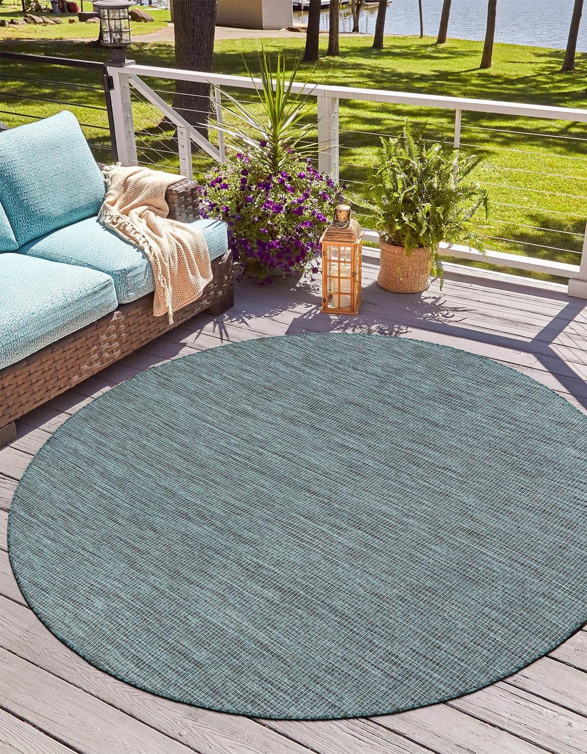 Unique Loom Outdoor Solid Collection Area Rug (6 1 Round Teal/Navy Blue)