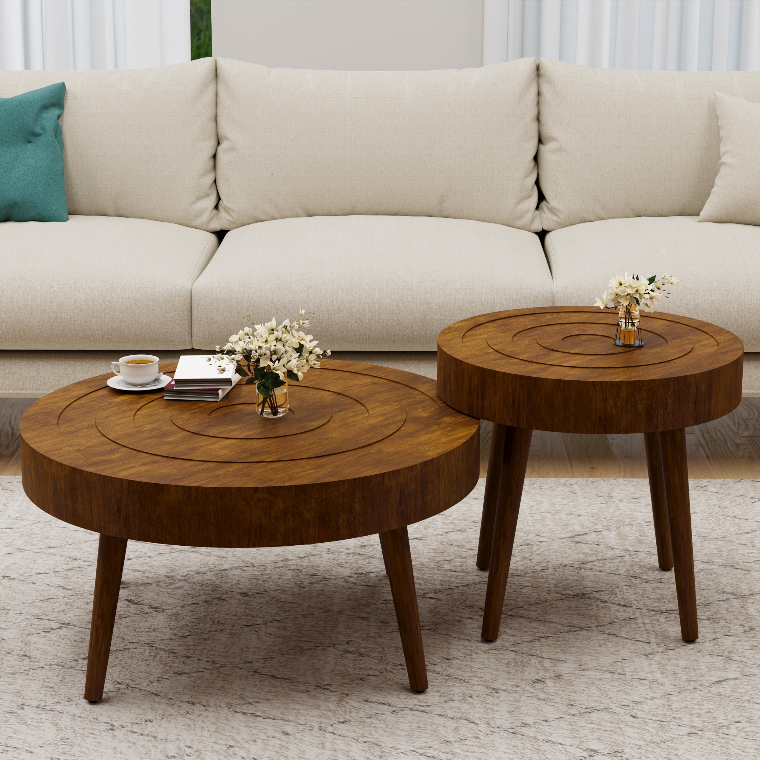 Koncemel Round Coffee Table Set of 2, 2 Piece Farmhouse Nesting Table w Wooden Circle Sleeve Pattern, Modern MDF End Table for L