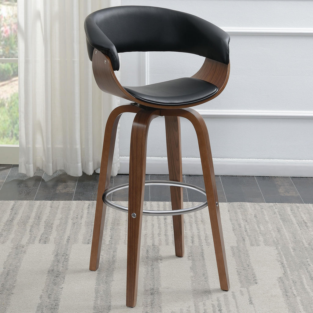 Zion Upholstered Swivel Bar Stool, Walnut and Black