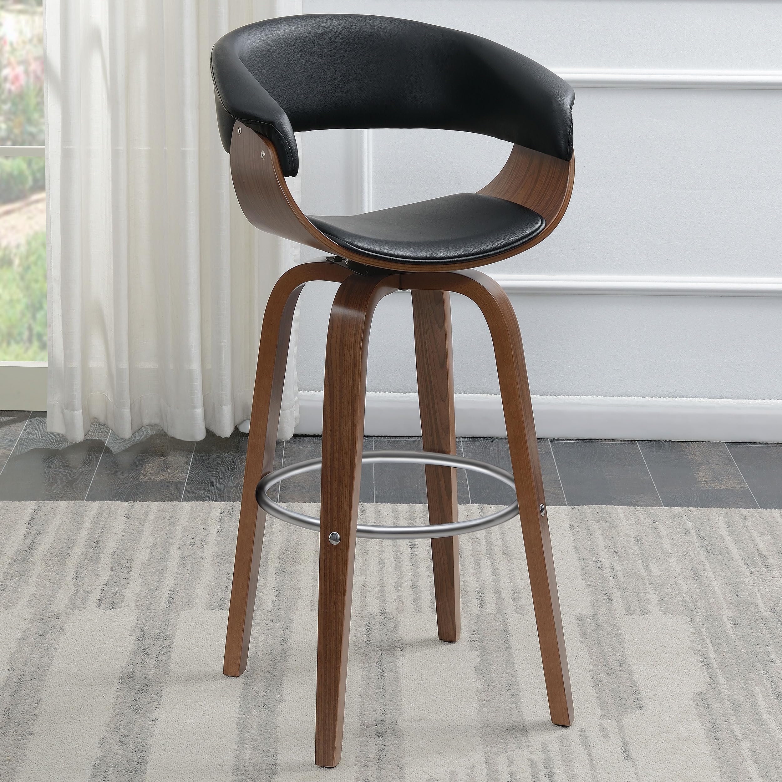 Zion Upholstered Swivel Bar Stool, Walnut and Black