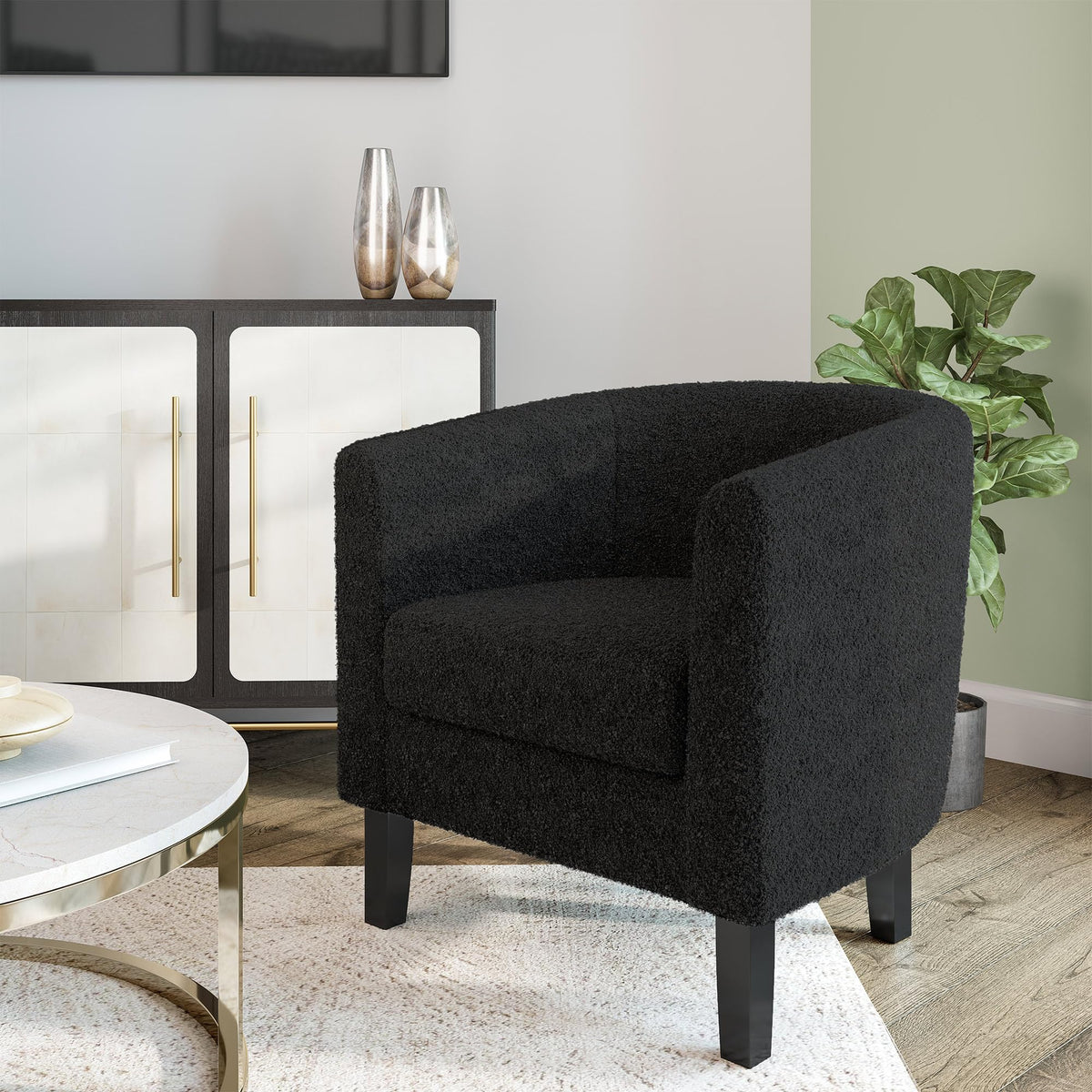 Belleze Living Room Chair, Teddy Polyester Accent Barrel Chair, Club Tub Sofa Chair For Bedroom, Corner Chair With Flared Legs A