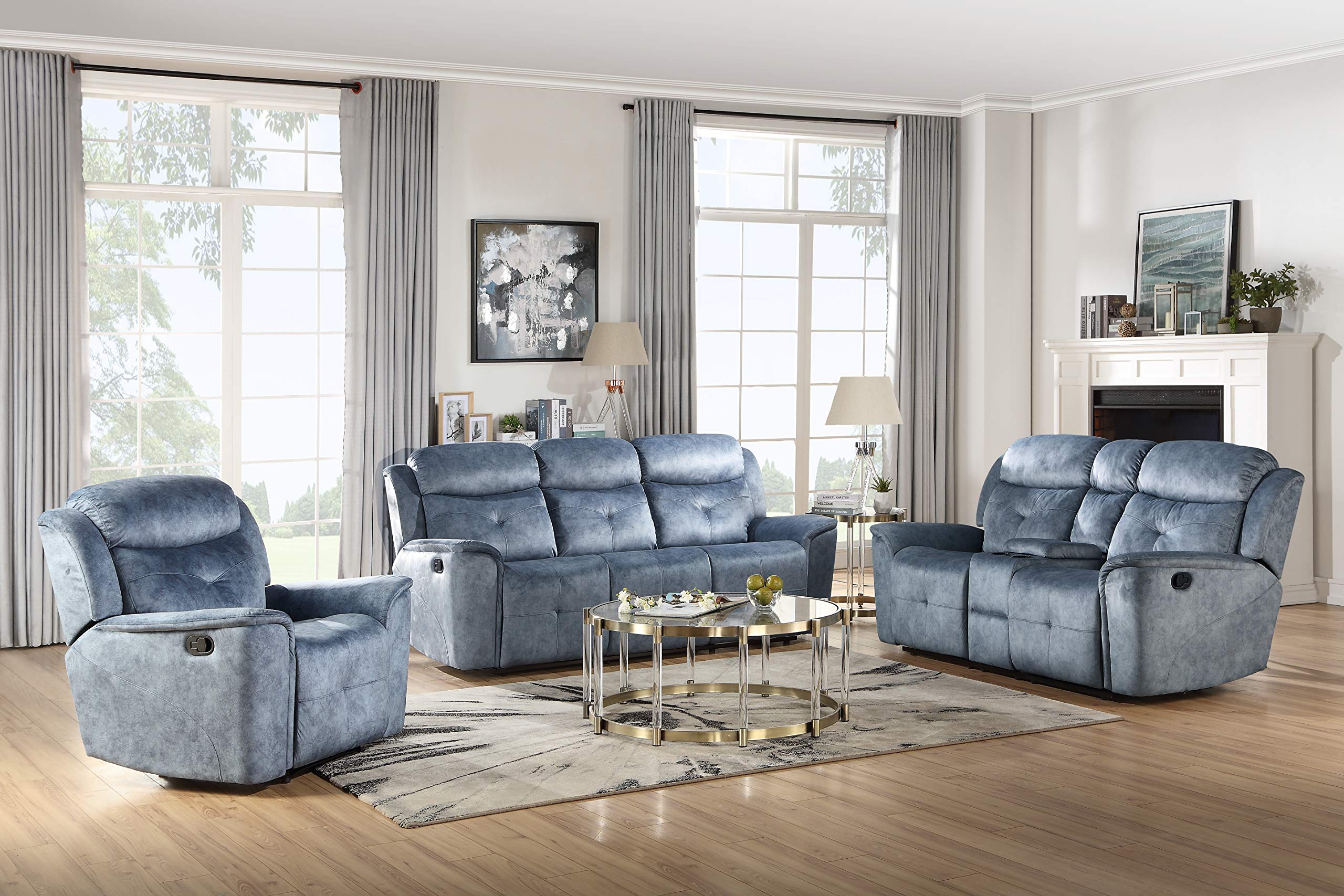 Acme Mariana Fabric Tufted Reclining Loveseat with Console in Silver Blue