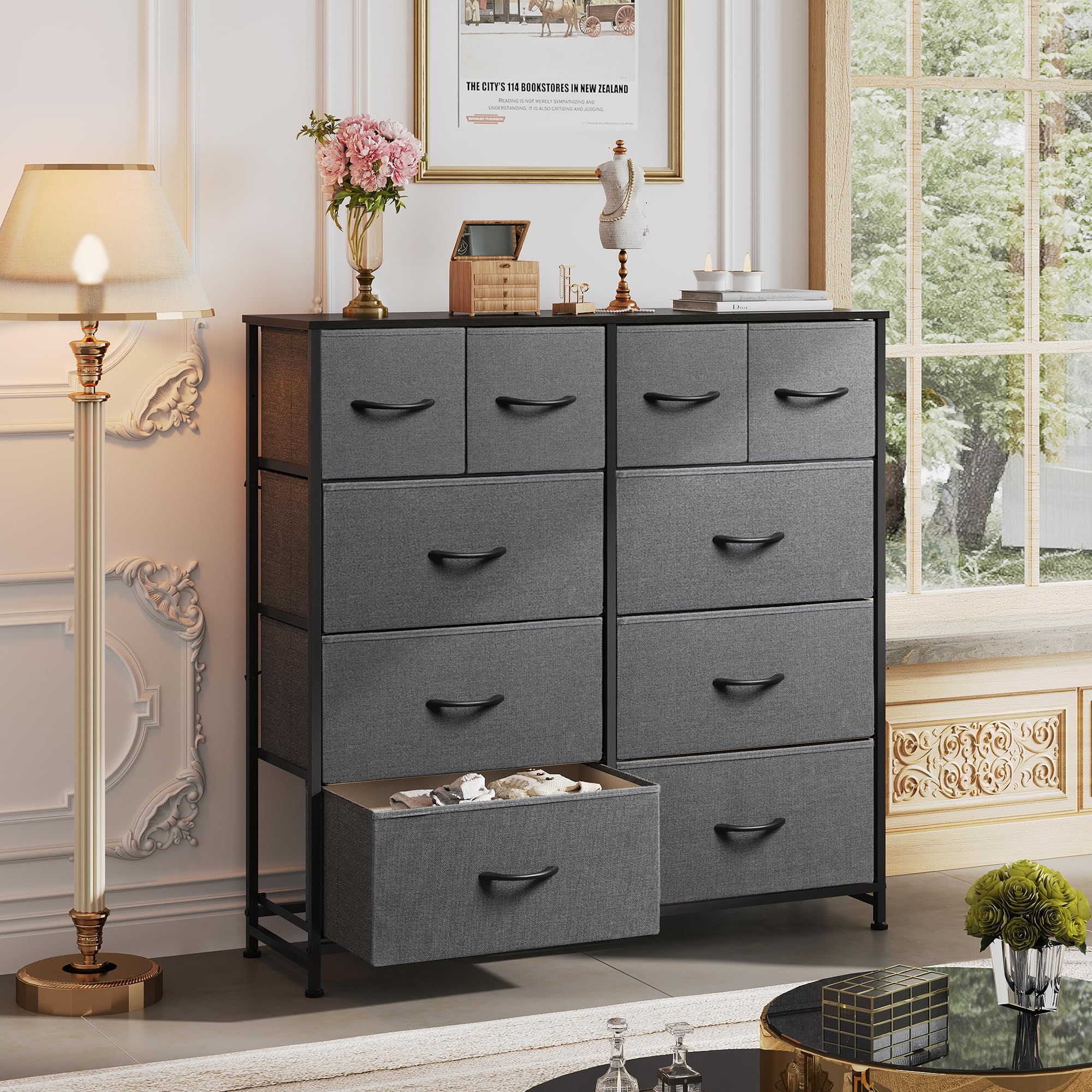 Wlive Fabric Dresser For Bedroom, Dresser With 10 Drawers, Storage Tower With Fabric Bins, Double Dressers, Chest Of Drawers For Closet, Living Room, Hallway, Dark Grey