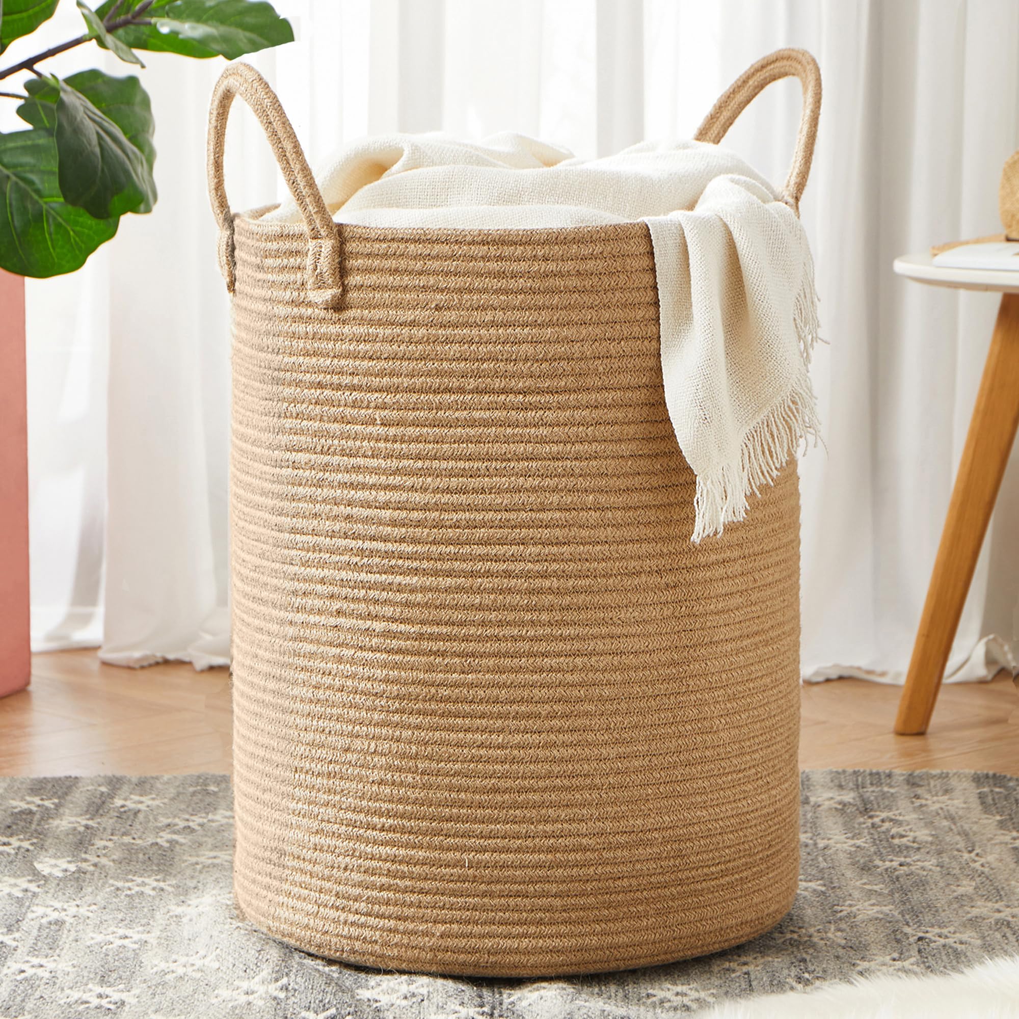 MOJOSCEND Jute Woven Rope Laundry Hamper Basket, 15Dx20H inches Tall Hamper Basket for Blanket Storage, Nursery Clothes Hamper f