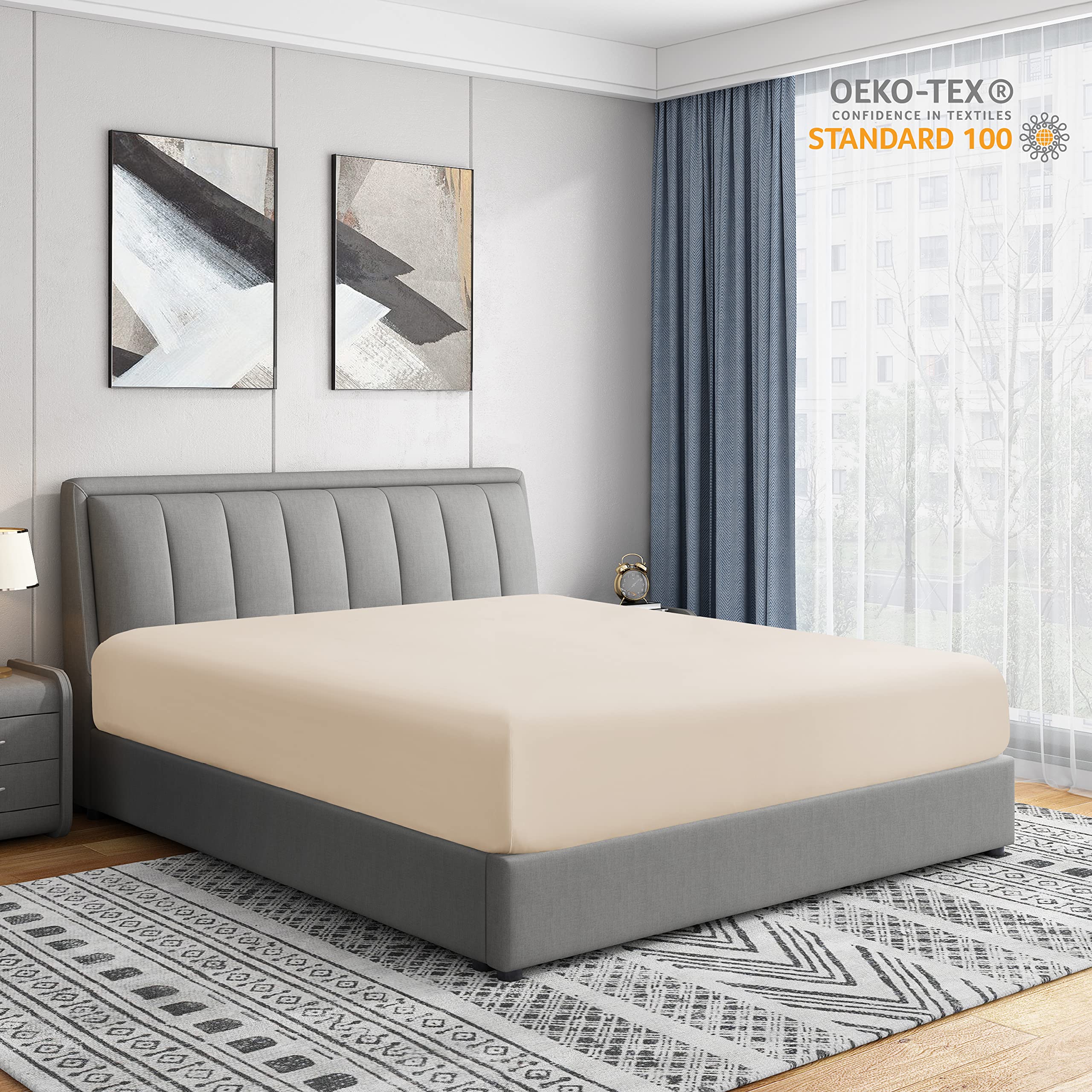 Cathay Home Full Fitted Sheet - Double Brushed Ultra Soft – Wrinkle & Fade Resistant - 16' Deep Pocket Fitted Sheet Only - Good Fit For 14'-18' Deep Mattress (Full, Cream)