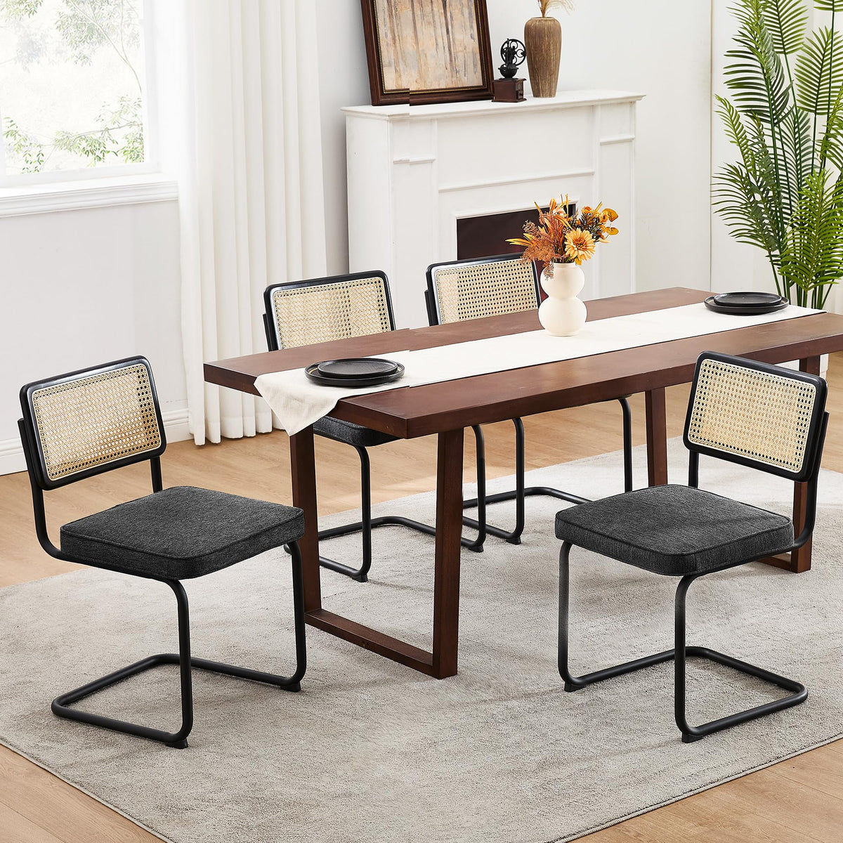 Zesthouse Natural Rattan Dining Chairs Set Of 4, Mid Century Modern Dining Chairs With Solid Wood Back & Black Matte Base For Ki