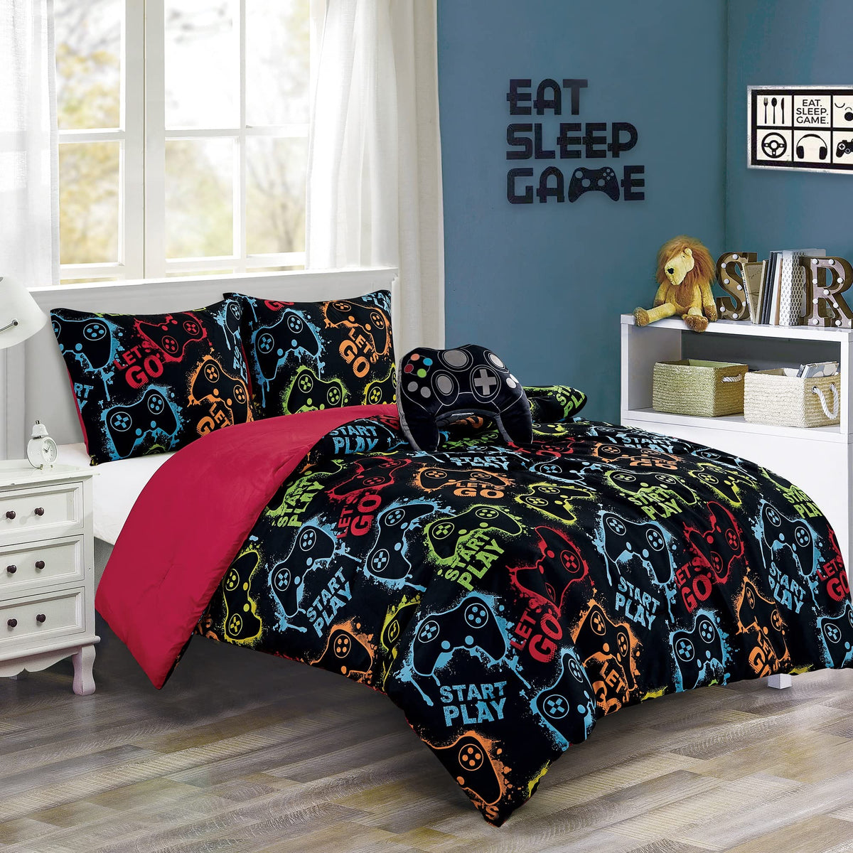 Chezmoi Collection Gamer Bedding 4-Piece Video Games Gamepad Microfiber Comforter Set For Boys Kids Teens Full/Queen Size (Overs