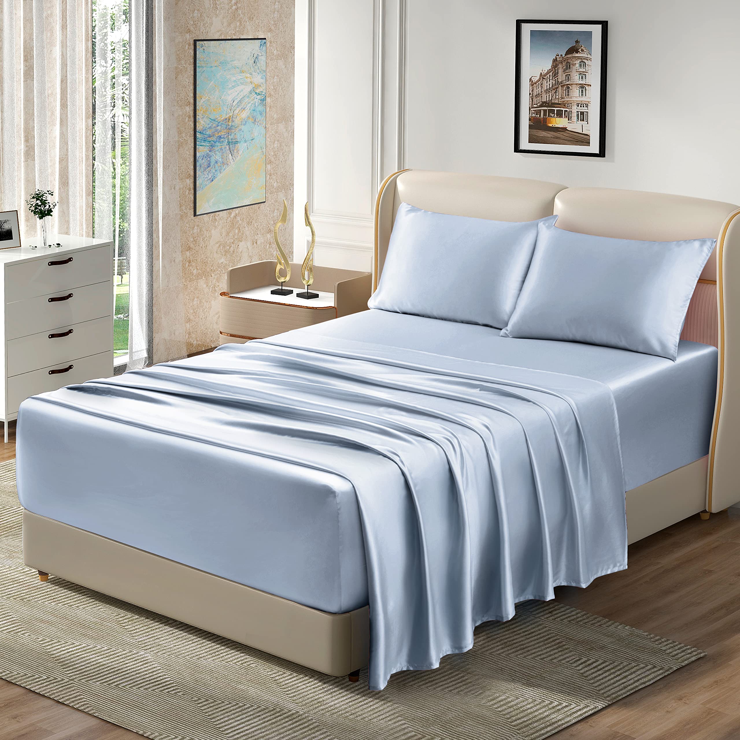 Homiest 4Pcs Extra Deep Pocket Satin Sheets Full Size Bed Set, 18-24 Inch Deep Pocket Bed Sheets Baby Blue Satin Sheet Set, Silky Satin Bedding Set Luxury Fitted Sheet Set Fits Ultra Deep Mattress