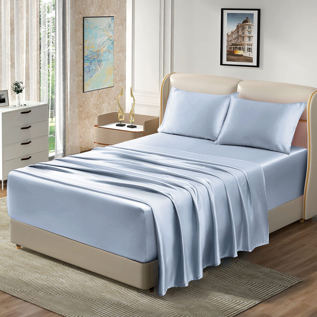 Homiest 4Pcs Extra Deep Pocket Satin Sheets King Size Bed Set, 18-24 Inch Deep Pocket Bed Sheets Baby Blue Satin Sheet Set, Silk