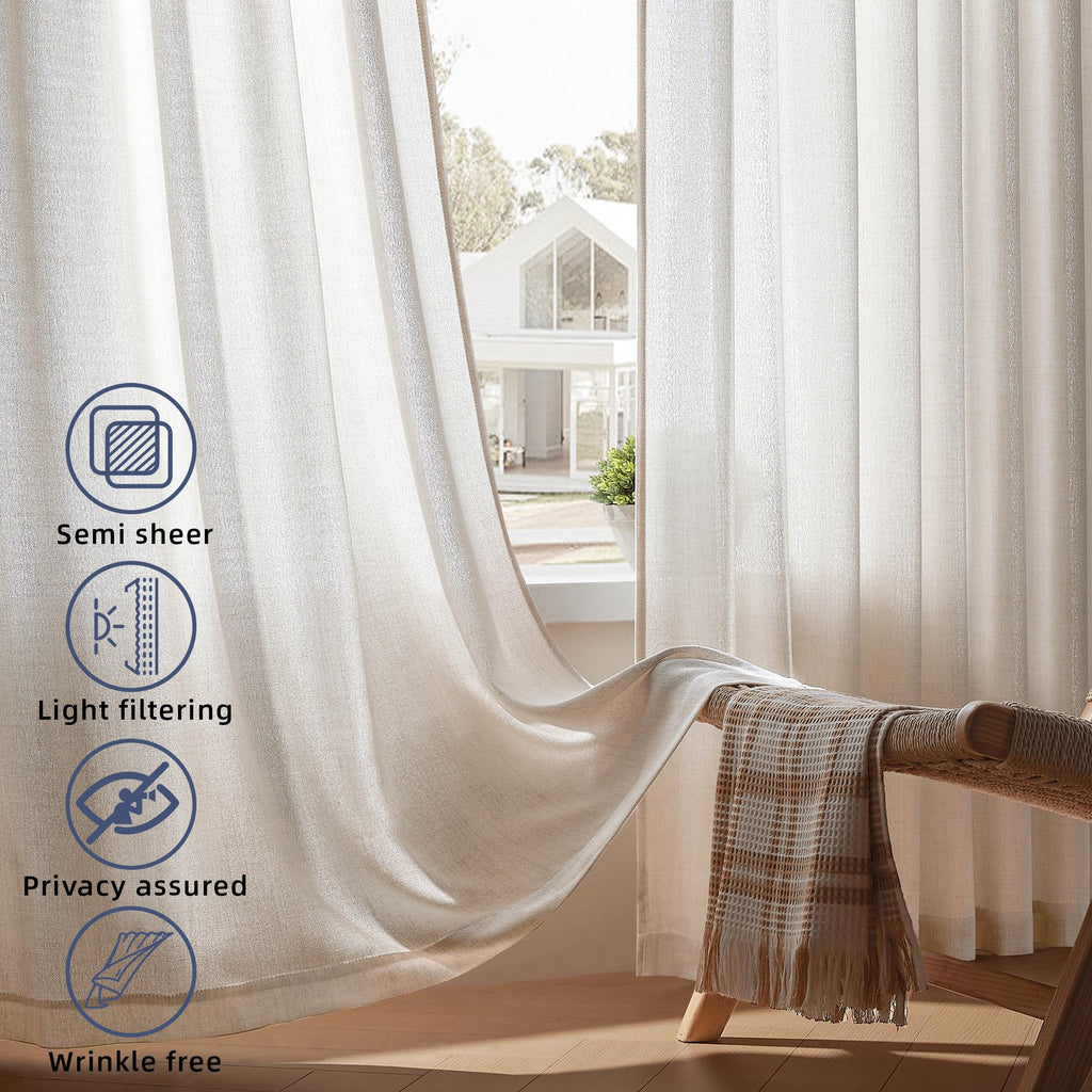 Daysu Linen Curtains 108 Inches Long 2 Panels Set For Bedroom/Living Room, Ivory Semi Sheer Farmhouse Curtains, Rod Pocket Hook