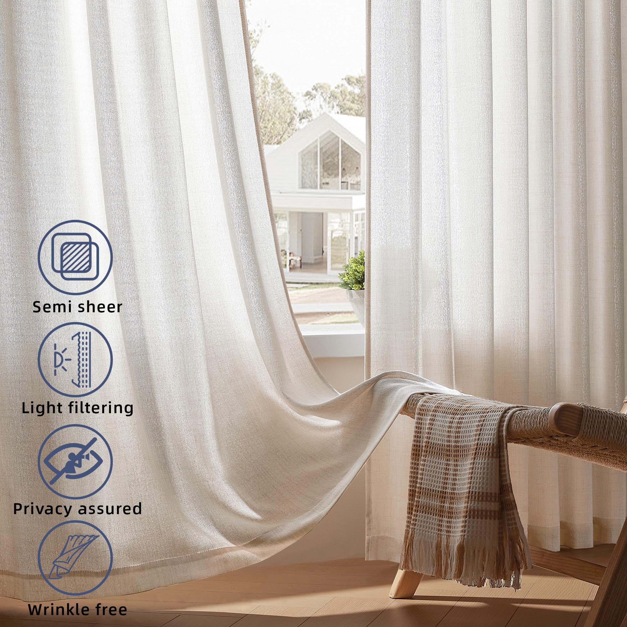 Daysu Linen Curtains 108 Inches Long 2 Panels Set For Bedroom/Living Room, Ivory Semi Sheer Farmhouse Curtains, Rod Pocket Hook