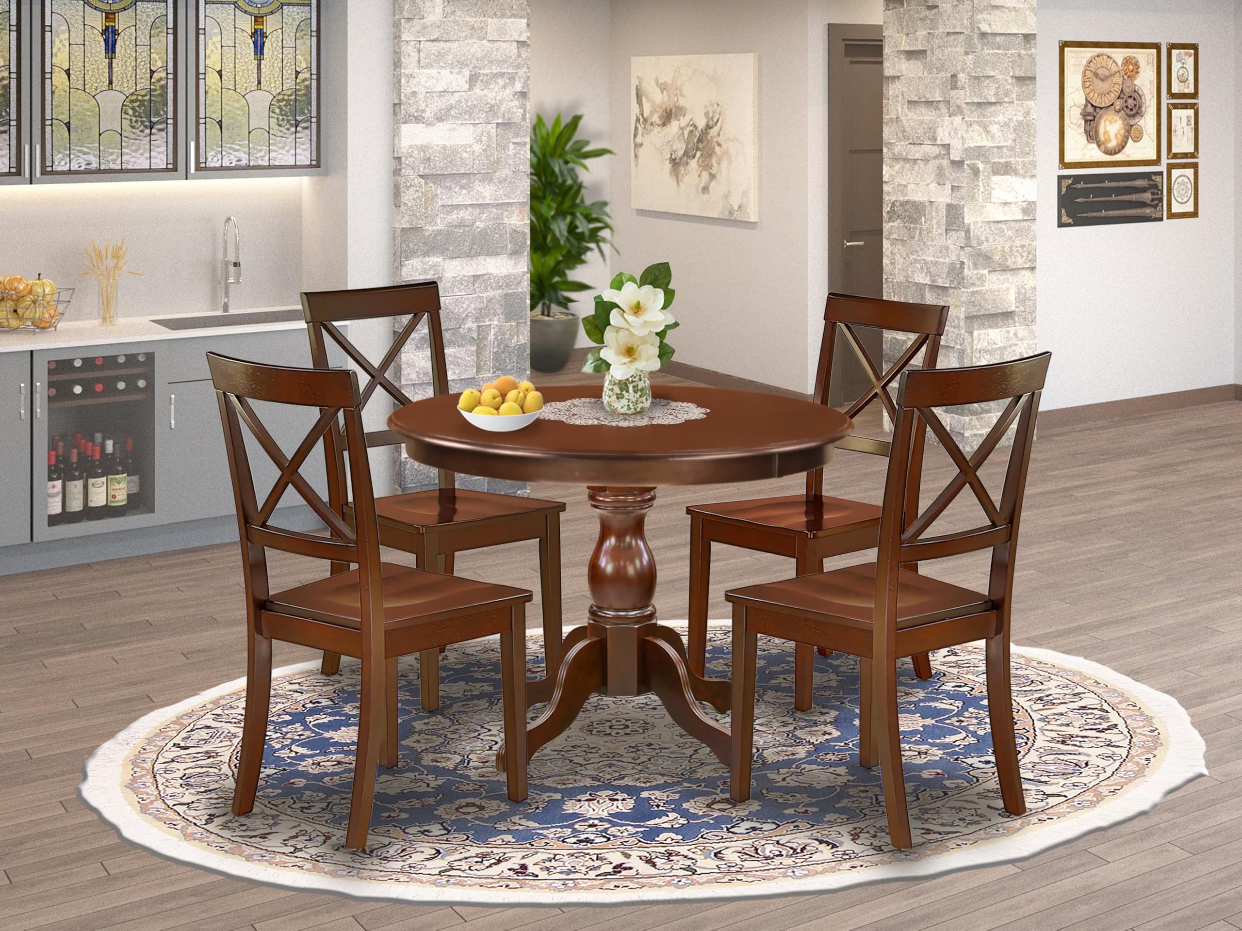 East West Furniture HBBO5-MAH-W 5 Piece Dining Set Includes a Round Dining Table with Pedestal and 4 Kitchen Chairs, 42x42 Inch, Mahogany