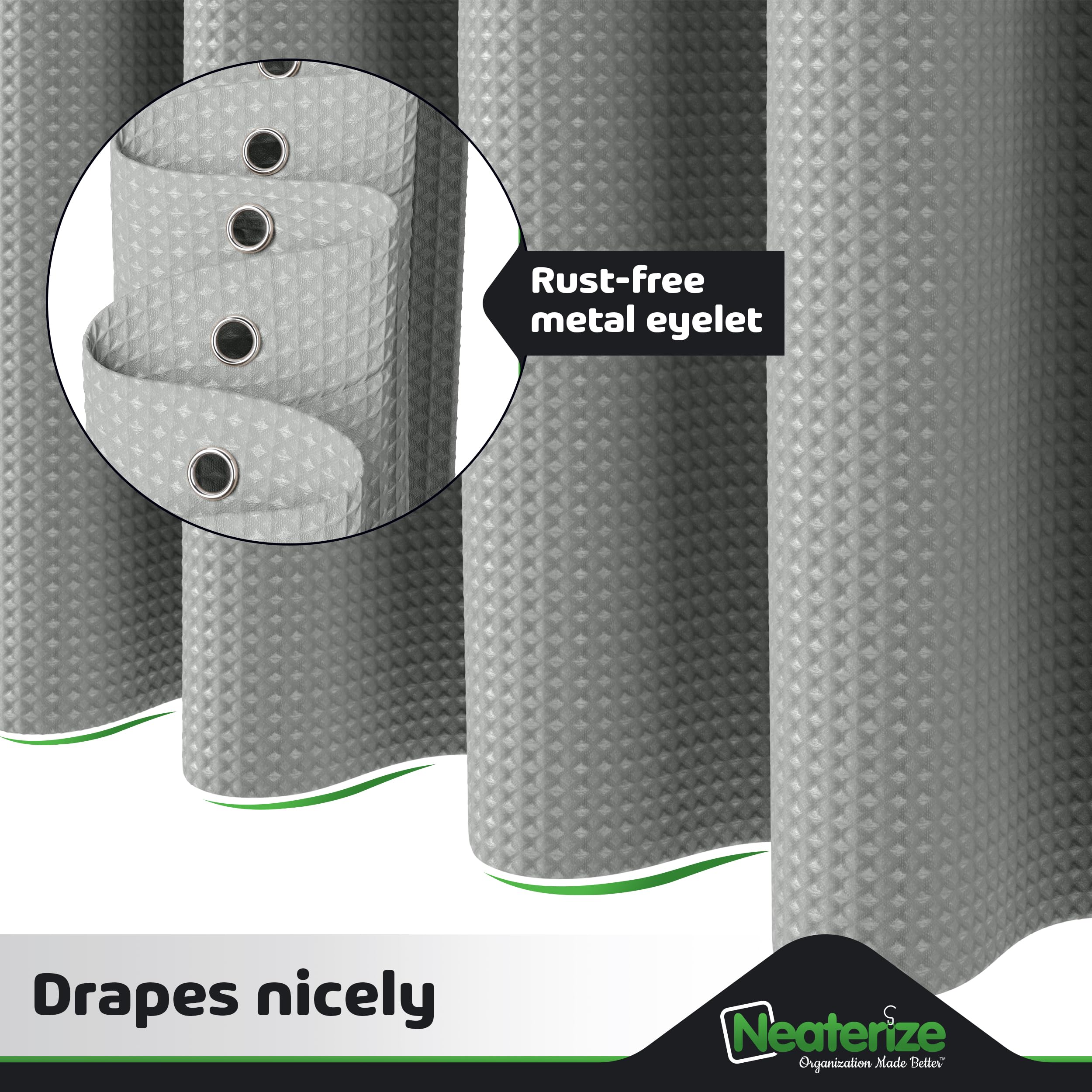 Neaterize Shower Curtain Grey - Hotel Style Grey Shower Curtains For Bathroom With Waffle Design, 72X72 Inches - Fabric Shower C