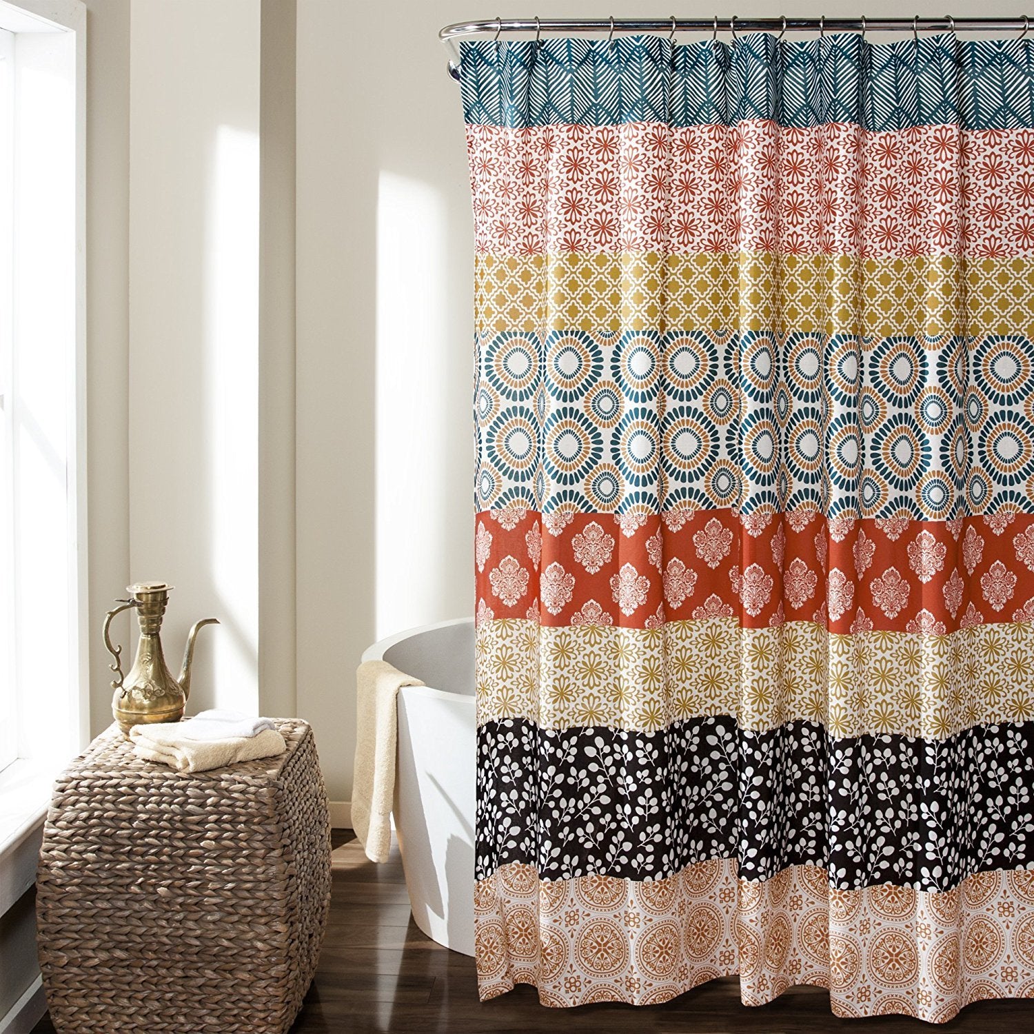 Lush Decor Bohemian Stripe Shower Curtain, 72' W X 72' L, Turquoise & Orange - Enchanting And Bold Colorful Design Perfect For