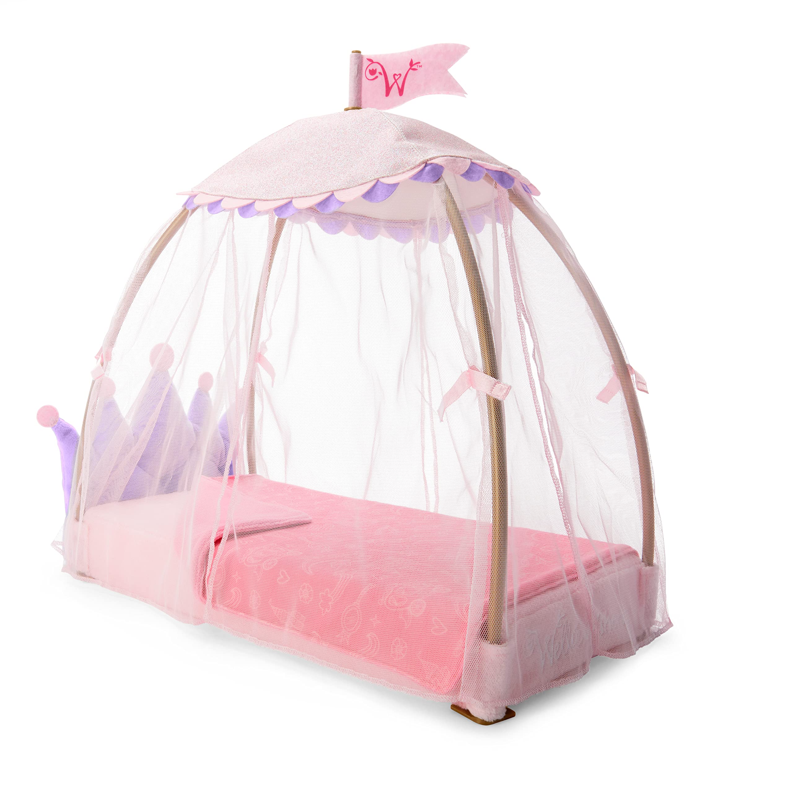 American Girl WellieWishers 14.5-inch Doll Royal Canopy Bed Playset with Mesh Drapes, Flag, and Blanket, For Ages 4+