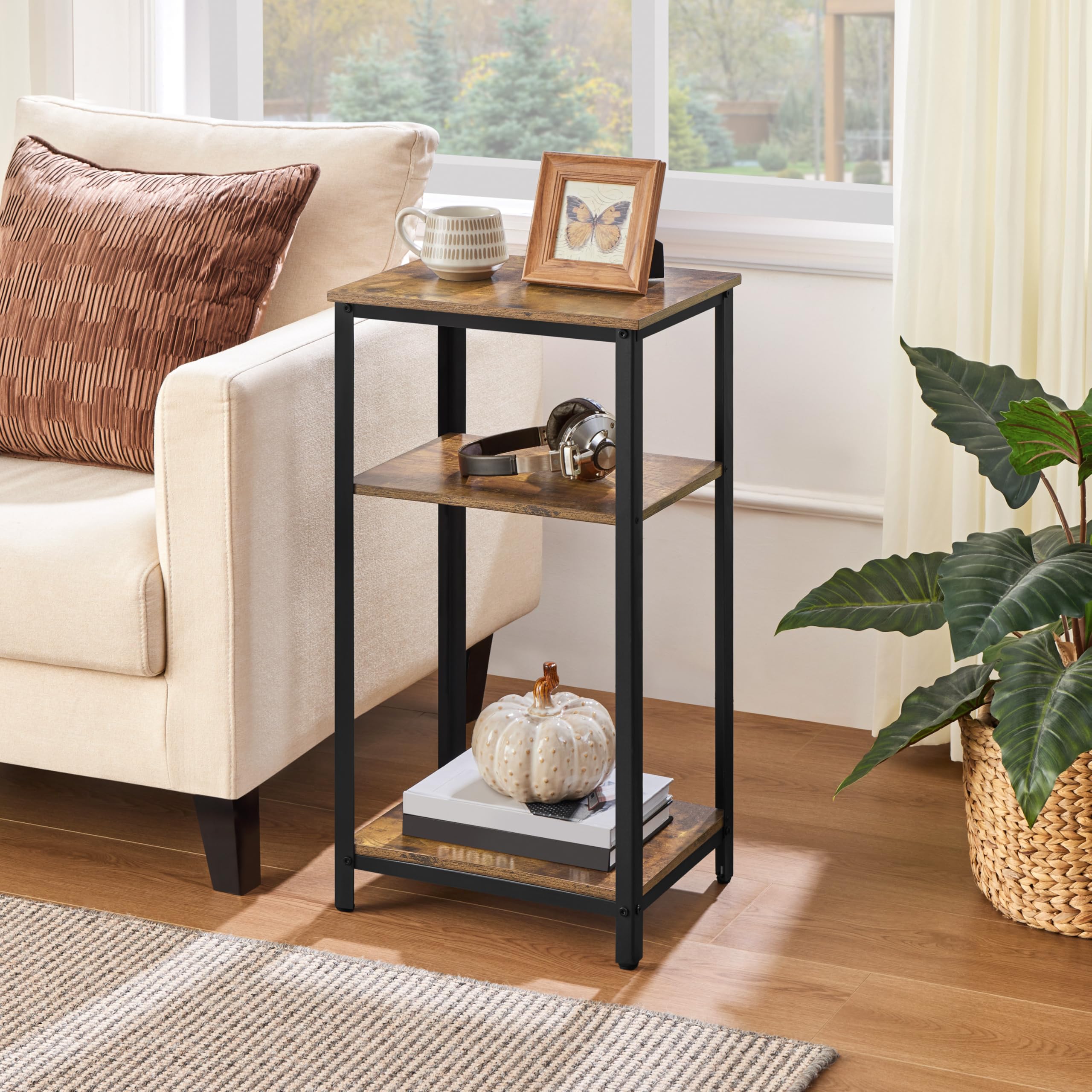 Yaheetech 30 Tall End Table, Rustic Brown 3-Tier Side Table with Wooden Shelves & Metal Frame for Small Spaces, 16D x 12W x 29.