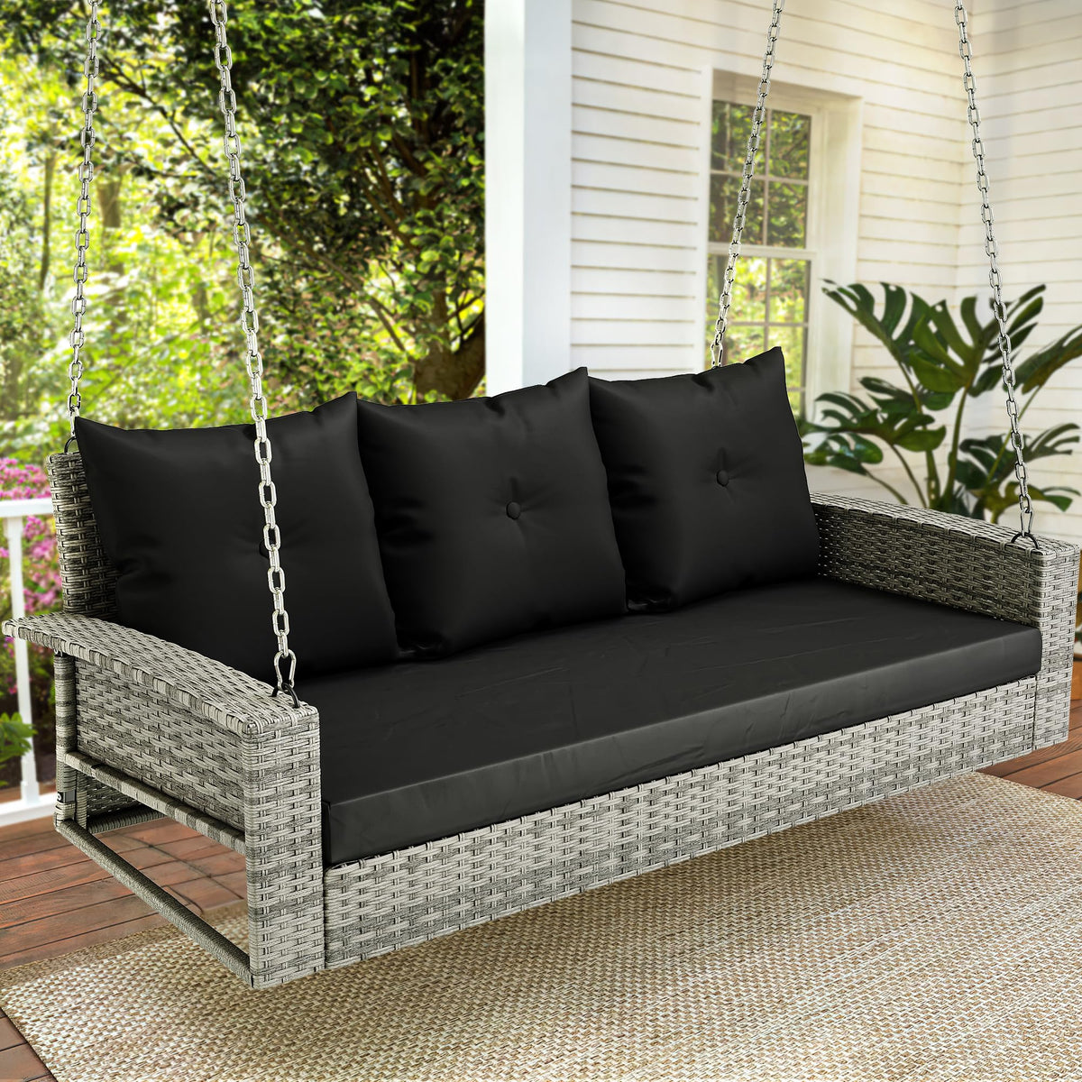 Yitahome 3-Seats Wicker Hanging Porch Swing Chair Outdoor Gray Rattan Patio Swing Lounge 3 Back Cushions Capacity For Garden, Balcony, Gray Rattan Black Cushion