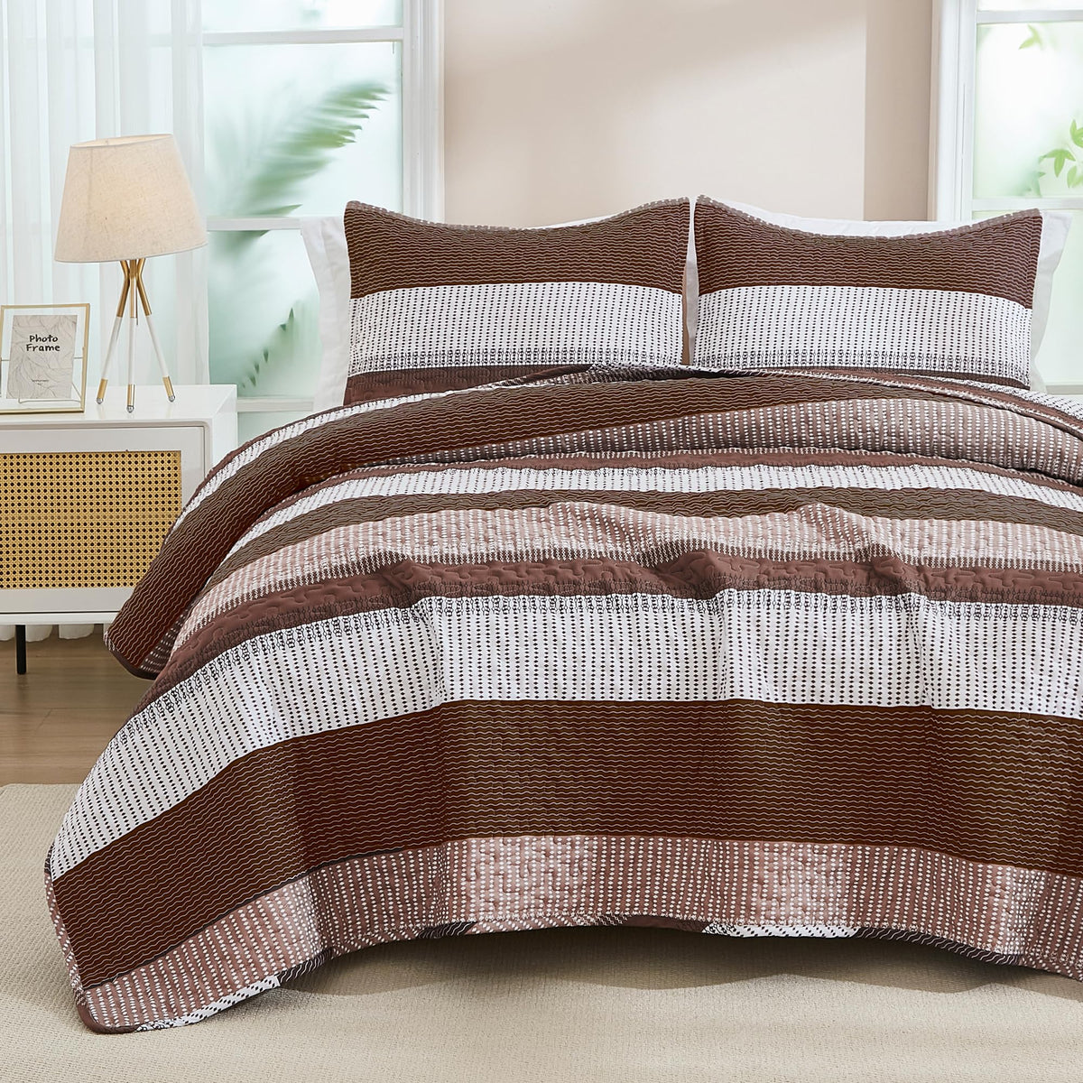 Andency Queen Quilt Bedding Set Brown, 3 Pieces Patchwork Coffee Striped Ultra Soft Lightweight Bedspreads, Coverlets Set With 2