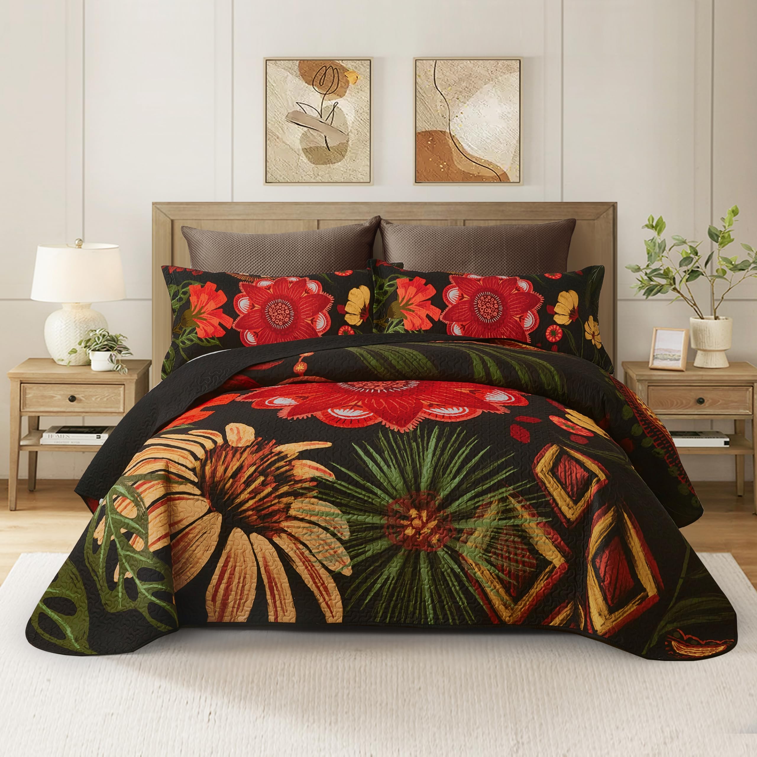 Tyrot 3 Piece Black Boho Floral King Size Quilt Sets Farmhouse Botanical Reversible Lightweight Bedspread Coverlet With 2 Shams