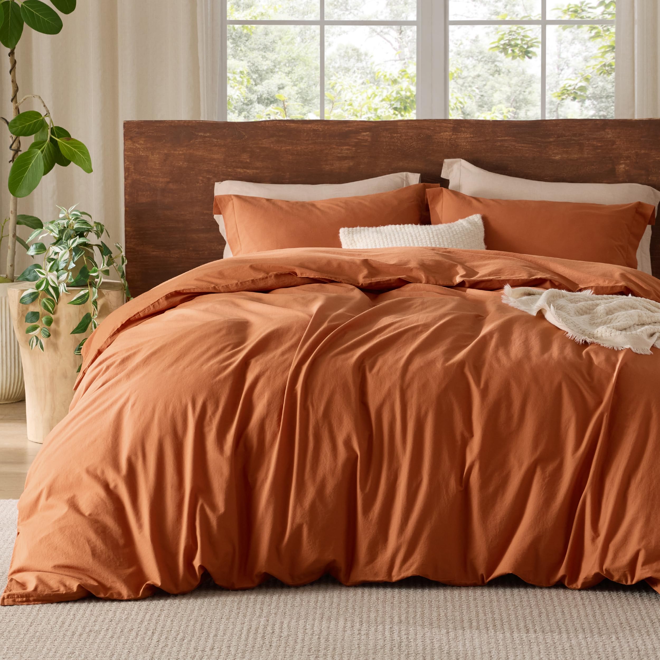 Bedsure 100% Washed Cotton Duvet Cover Queen - Pumpkin Orange Minimalist Duvet Cover Set Linen Like - 3 Pieces Gentlesoft™ Plain Simple Bedding Set With 2 Pillow Shams (Pumpkin Orange, Queen, 90'X90')