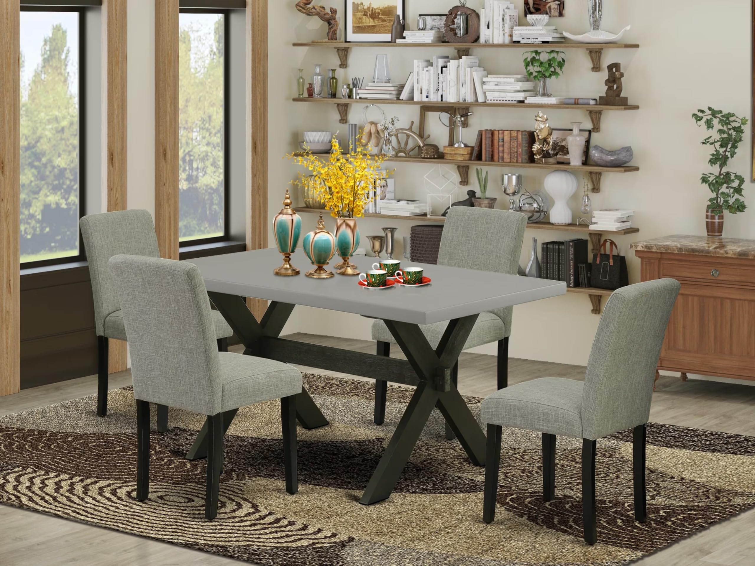 East West Furniture X696Ab106-5 5 Piece Modern Dining Table Set Includes A Rectangle Wooden Table With X-Legs And 4 Shitake Linen Fabric Upholstered Parson Chairs, 36X60 Inch, Multi-Color