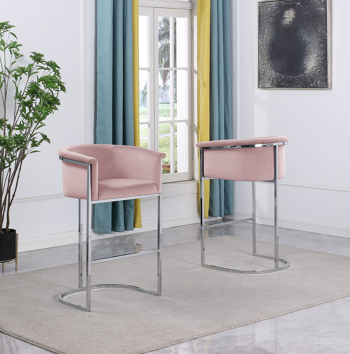Bar Stools (Single) Pink Velvet With Silver Iron Frame (Bs220)