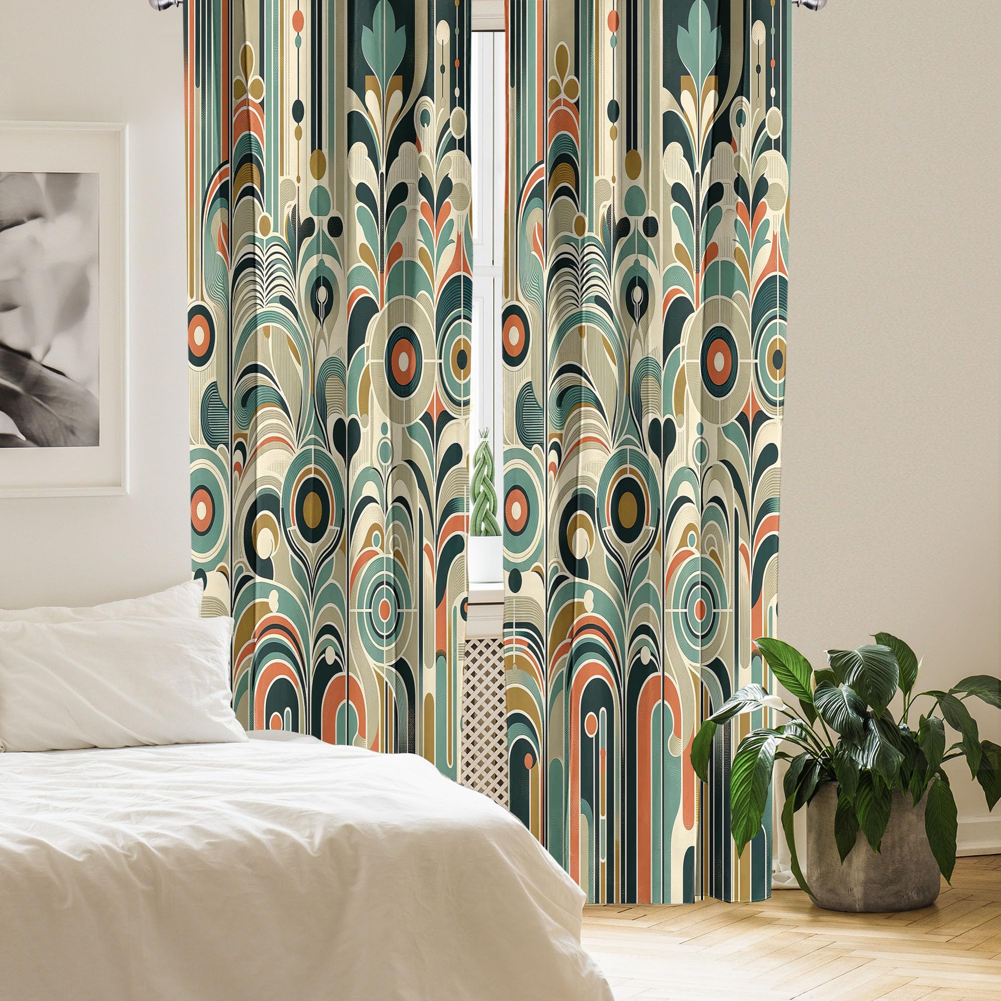 Ambesonne Abstract Modern Window Curtains Pack Of 2, Leafy Silhouettes With Roundy Shapes Jumble Geometric Scandi, Lightweight S