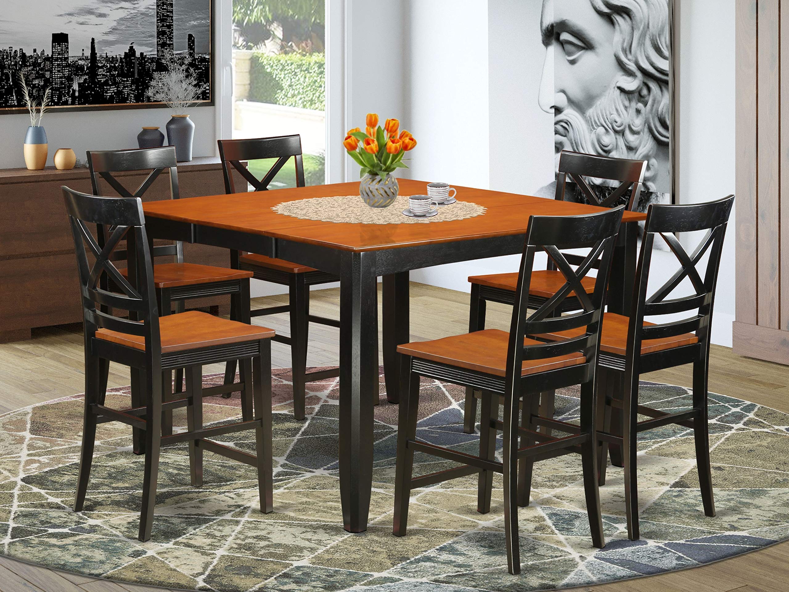 East West Furniture FAQU7H-BLK-W 7 Piece Kitchen Counter Set Consist of a Square Dining Room Table with Pedestal and 6 Dining Chairs, 54x54 Inch, Black & Cherry
