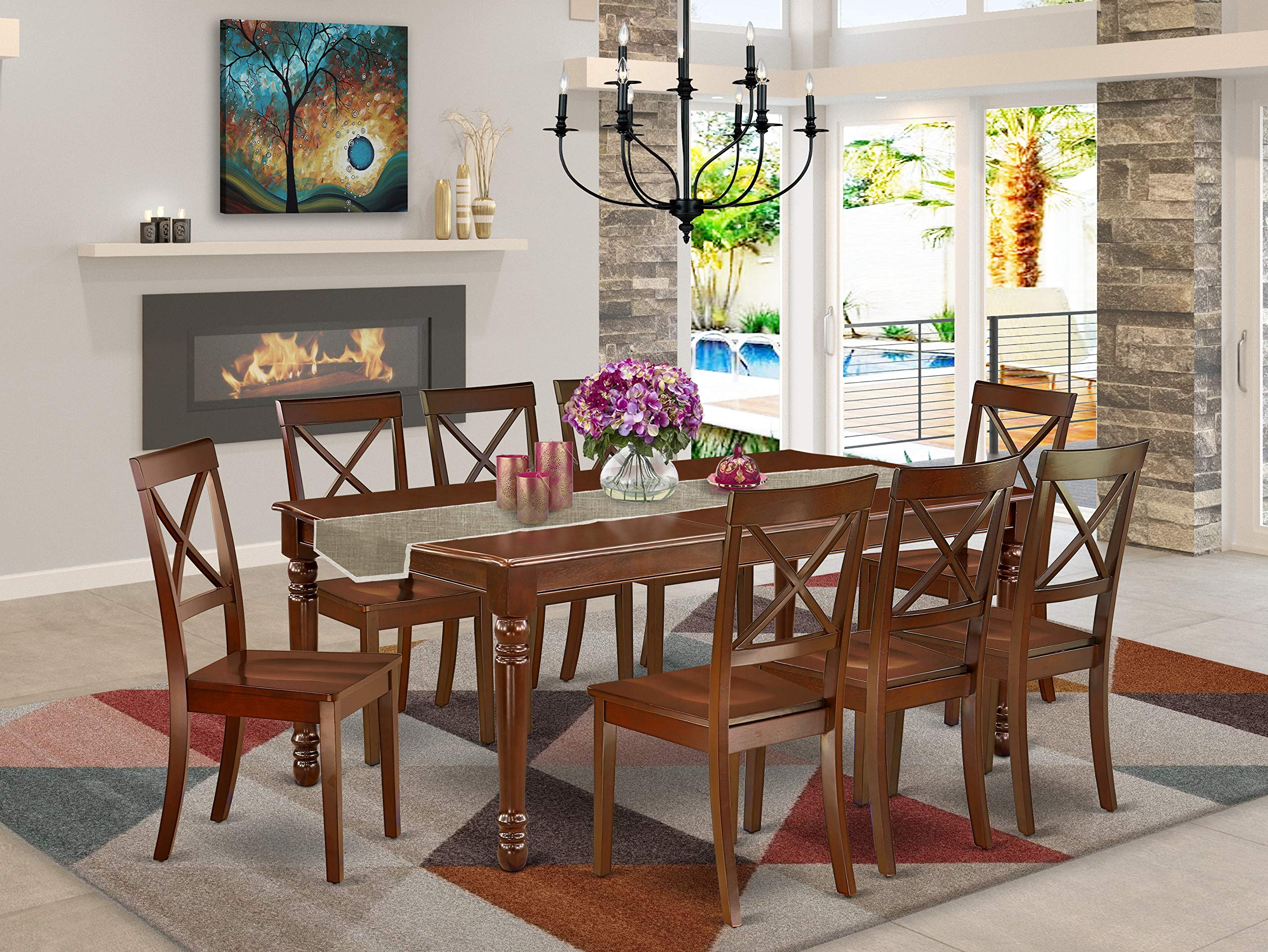 East West Furniture Dobo9-Mah-W 9 Piece Dining Set Includes A Rectangle Dining Room Table With Butterfly Leaf And 8 Wood Seat Chairs, 42X78 Inch, Mahogany