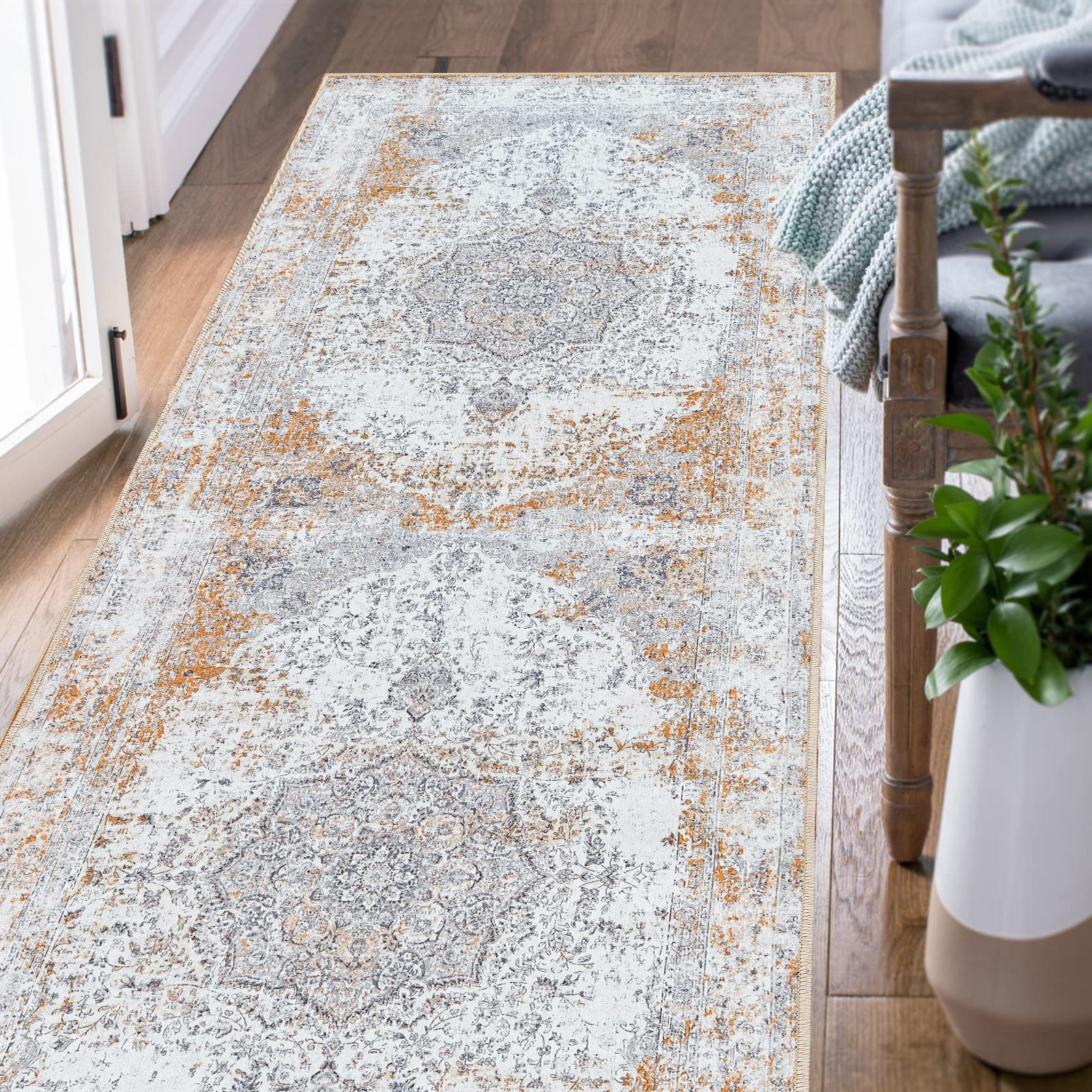 jinchan Area Rug 3x10 Washable Rug Runner Rug Hallway Vintage Distressed Rug Kitchen Taupe Indoor Thin Rug Traditional Floral Pr