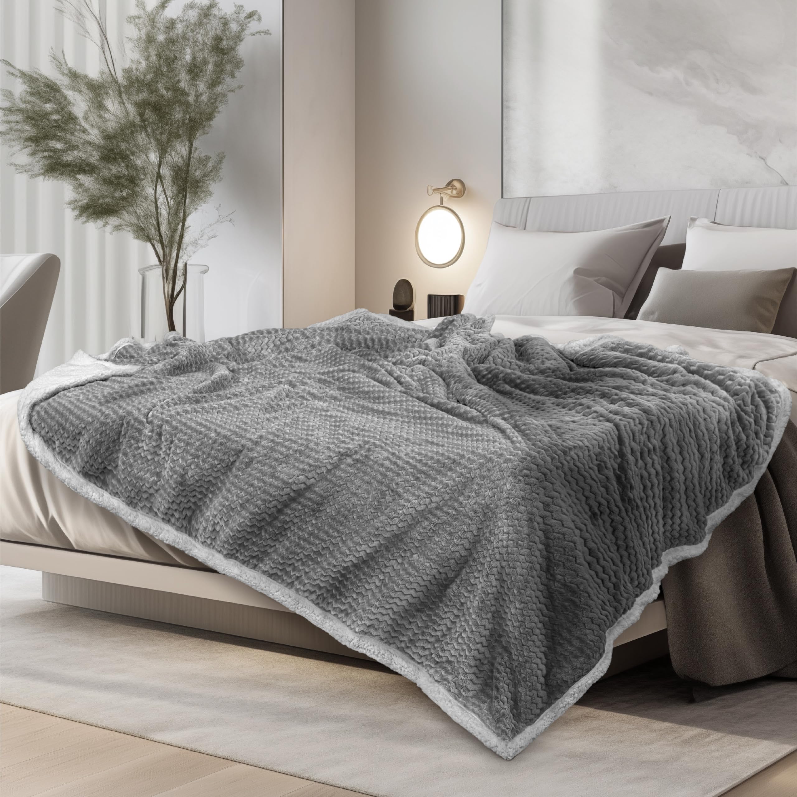 Pavilia Dark Gray Twin Bed Blanket Reversible Sherpa Chevron, Soft Cozy Jacquard Weave Textured Throw Sofa Couch, Thick Warm Lar