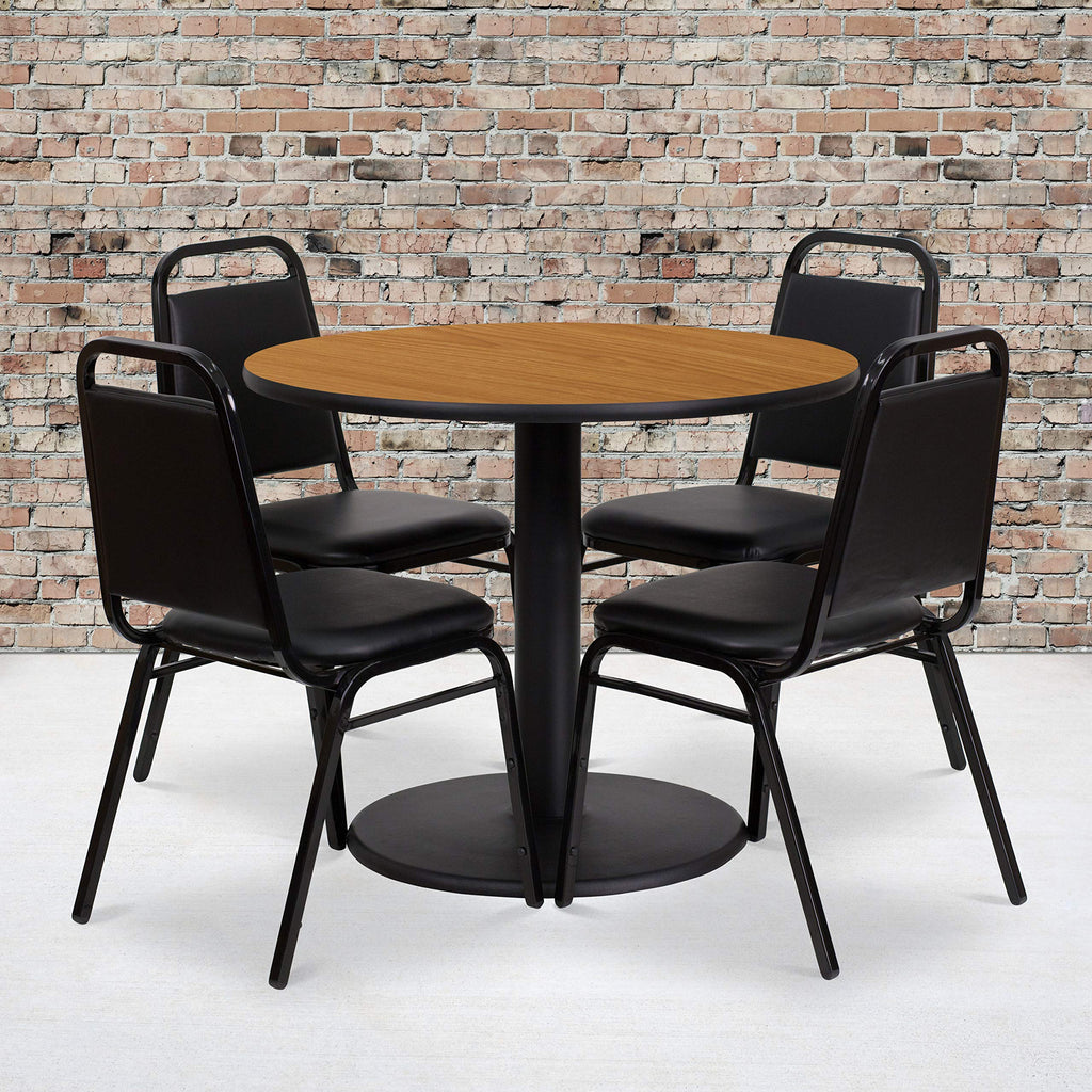 Flash Furniture 36'' Round Natural Laminate Table Set with Round Base and 4 Black Trapezoidal Back Banquet Chairs