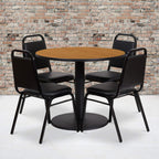Flash Furniture 36'' Round Natural Laminate Table Set with Round Base and 4 Black Trapezoidal Back Banquet Chairs
