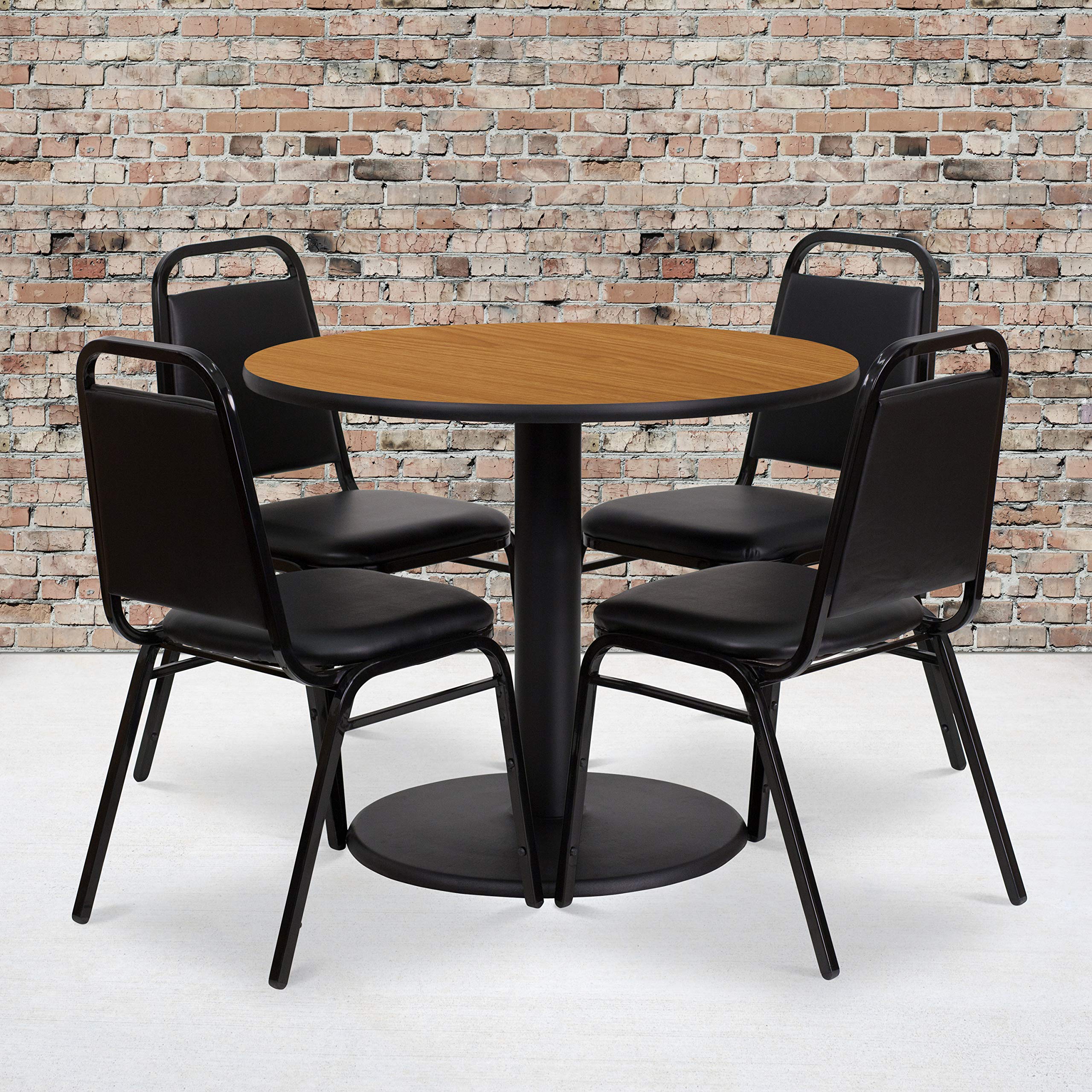 Flash Furniture 36'' Round Natural Laminate Table Set with Round Base and 4 Black Trapezoidal Back Banquet Chairs