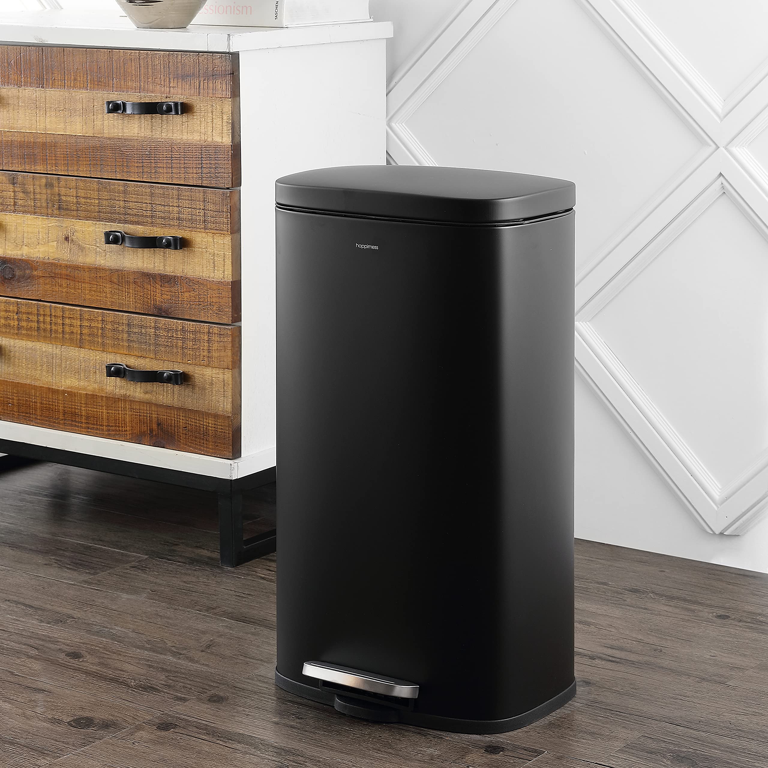 Happimess Hpm1011B Curtis 8-Gallon Step-Open Trash Can With Soft-Close Lid, Modern, Minimalistic, Fingerprint Proof For Home, Ki