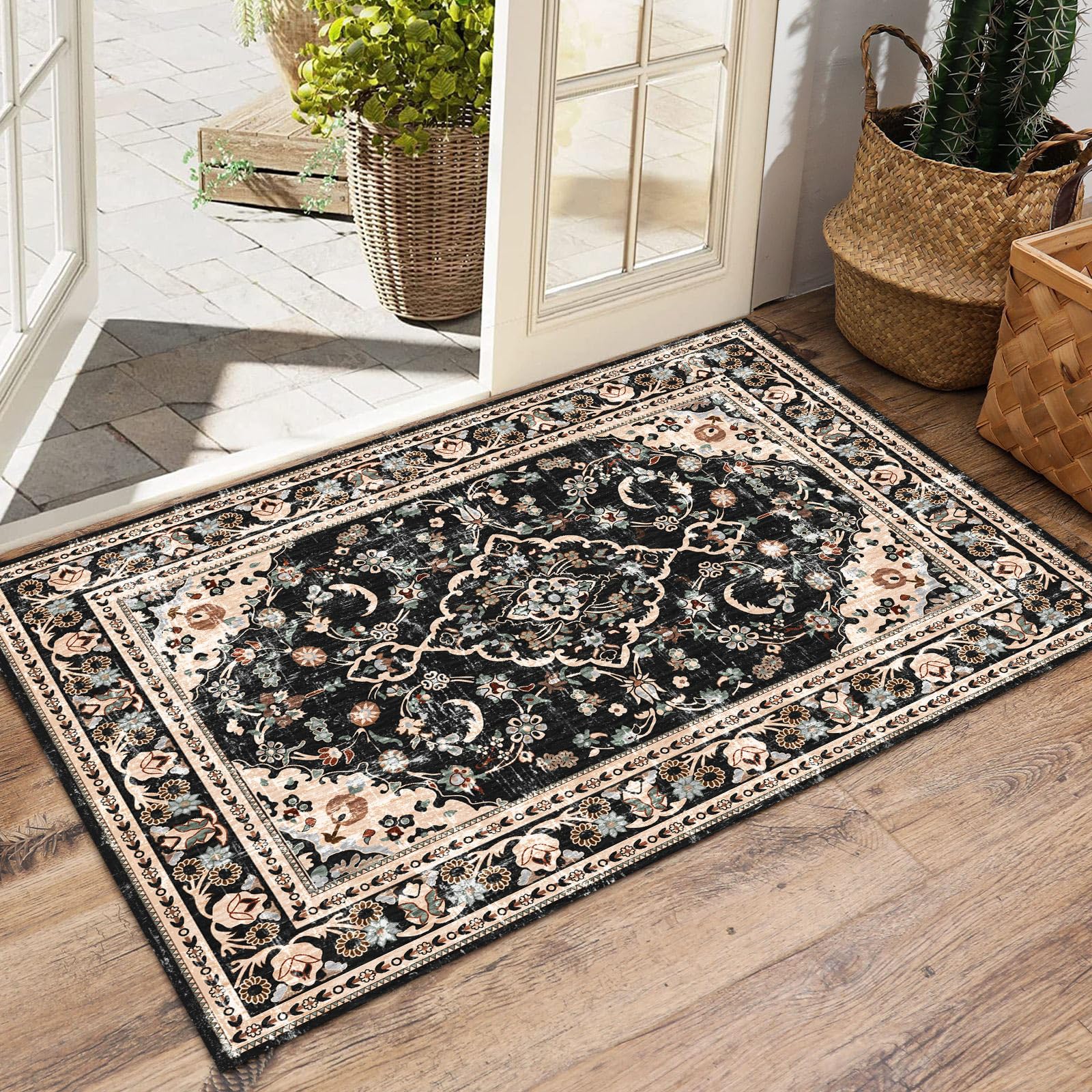 Vhong Washable Area Rugs Boho Vintage Modern Neutral Small Carpet Black and Brown 2  3 Doormat High Traffic Rugs for Bathroom Ki