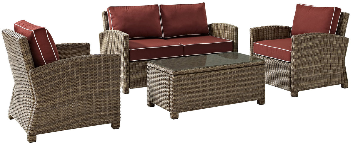 Crosley Furniture Bradenton 4-Piece Outdoor Loveseat Patio Furniture Set, Wicker Conversation Sets for Porch, Brown with Sangria Cushions