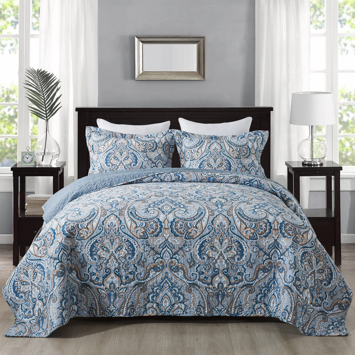 Newlake Cotton Bedspread Quilt Sets-Reversible Patchwork Coverlet Set, European Grey Floral Pattern, Queen Size