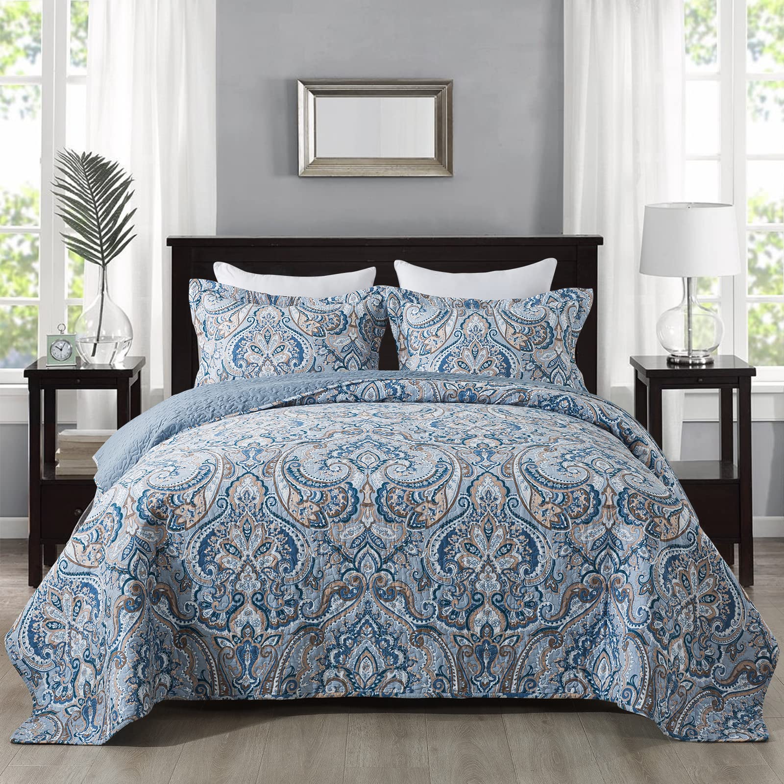 Newlake Cotton Bedspread Quilt Sets-Reversible Patchwork Coverlet Set, European Grey Floral Pattern, King Size
