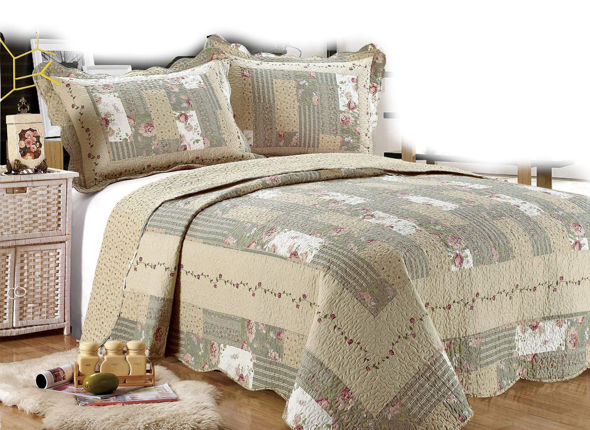 All For You 3-Piece Reversible Bedspread/Coverlet/Quilt Set-Beige, Pink, Burgundy And Gray Green Sage Prints, 90'X 100' (Queen