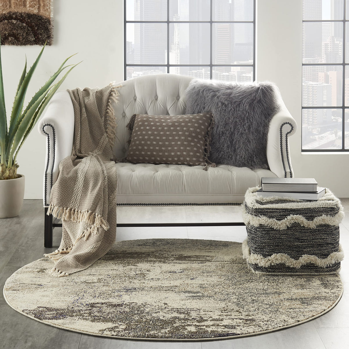 Nourison Celestial Modern Abstract Ivory/Grey 7'10' X Round Area Rug, Easy Cleaning, Non Shedding, Bed Room, Living Room, Dinin
