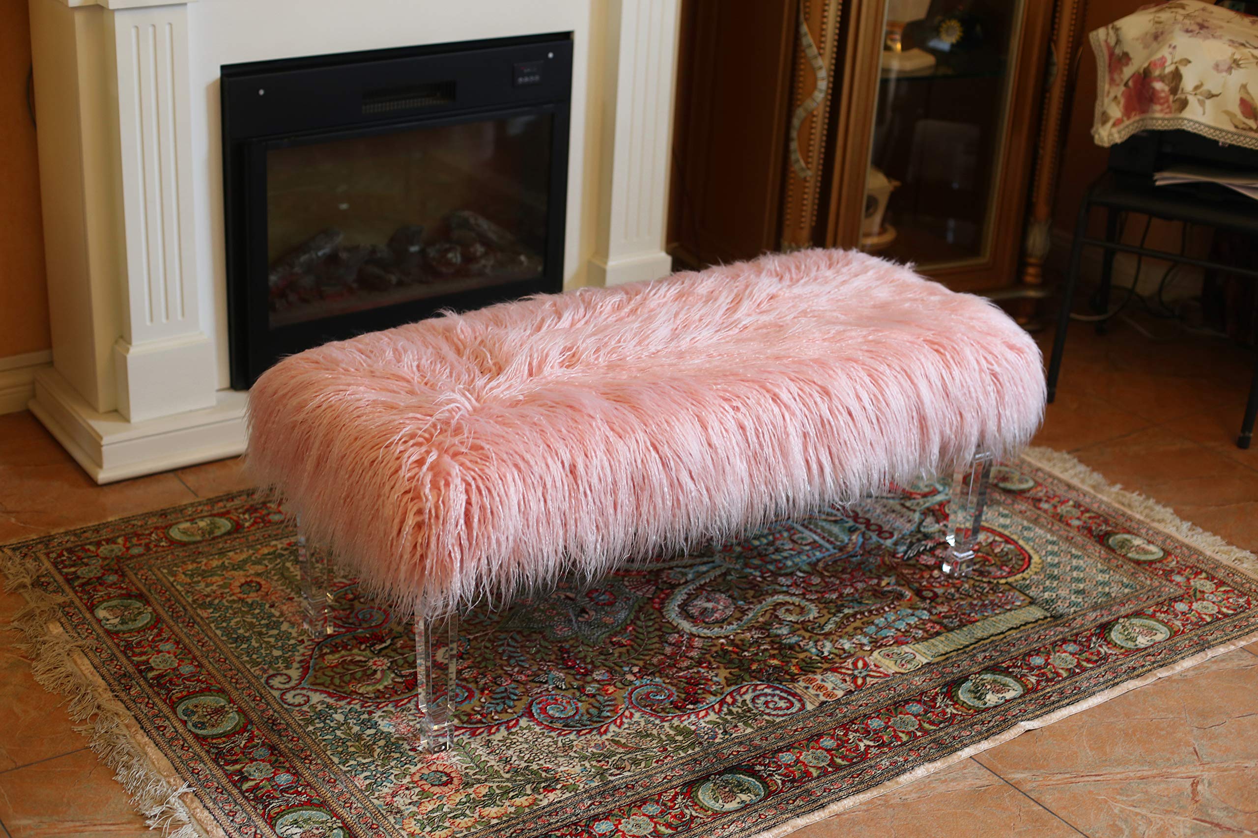 Best Quality Furniture Rectangle Fur Bench, Pink