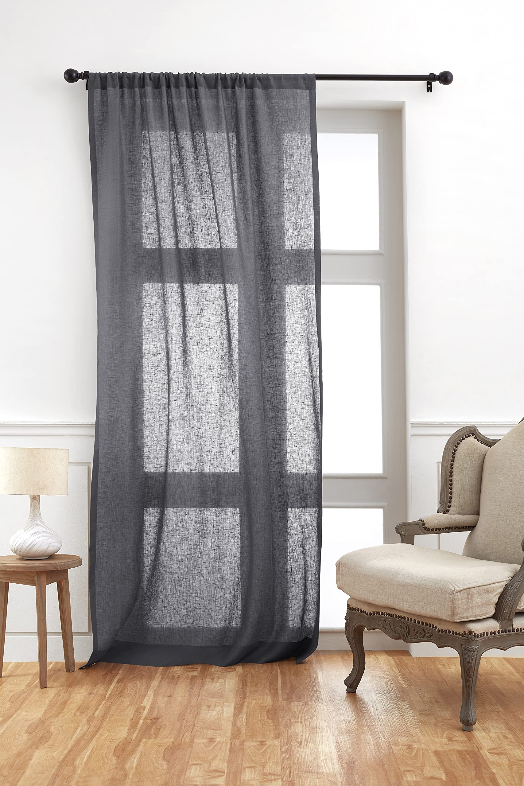 Solino Home Linen Sheer Curtain 120 Inches Long - Charcoal 100% Pure Linen European Flax Window Sheer Curtain Panel 52 X 120 Inc