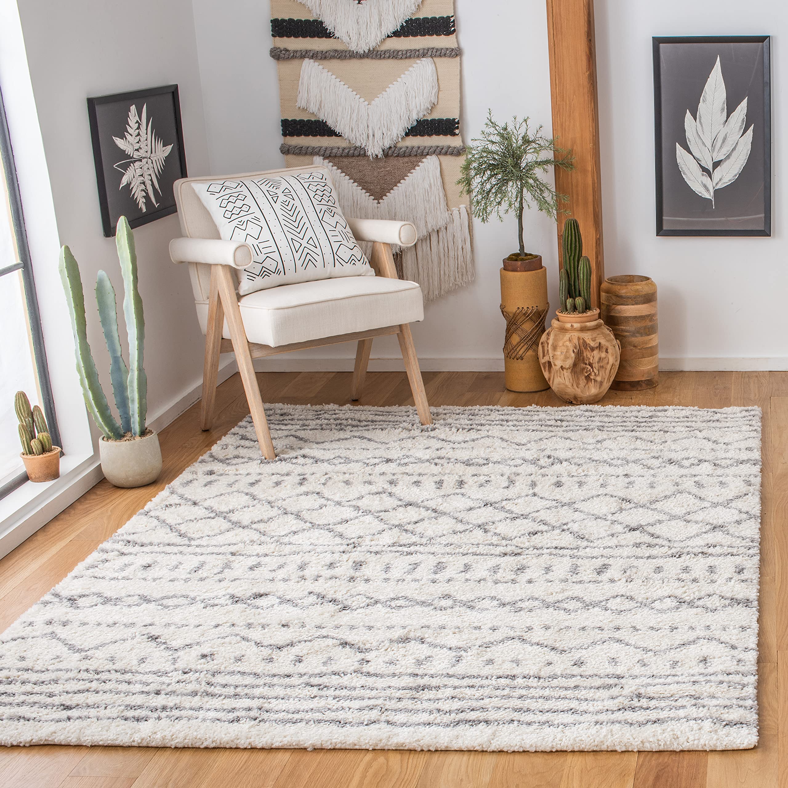 Safavieh Arizona Shag Collection 67 Square Ivory/Grey ASG741F Moroccan Non-Shedding Living Room Dining Bedroom 1.2-inch Thick A