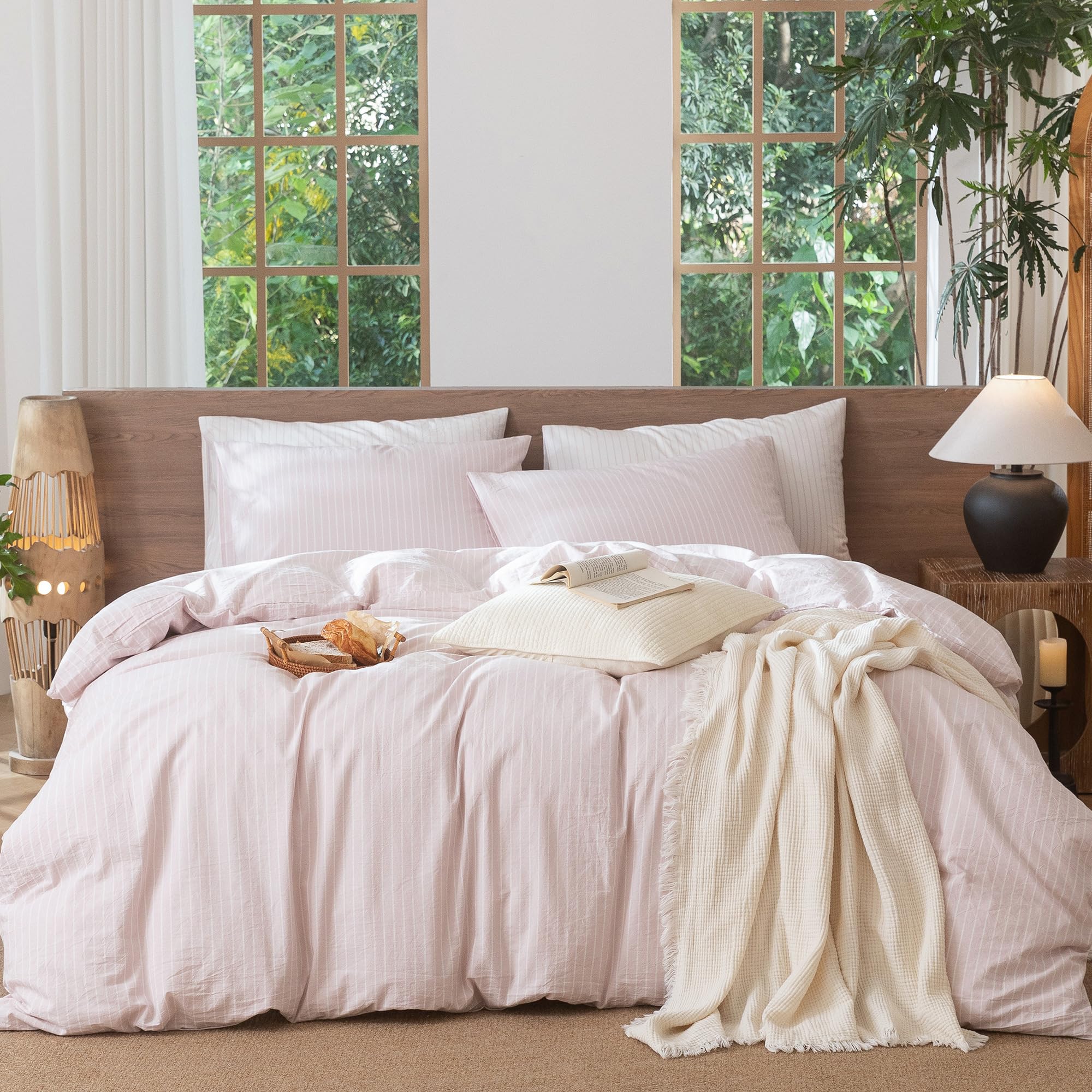 MooMee Striped Duvet Cover Set 100% Washed Cotton Linen Like Textured Breathable Durable Soft Comfy (Heathered Greyish Pink Whit