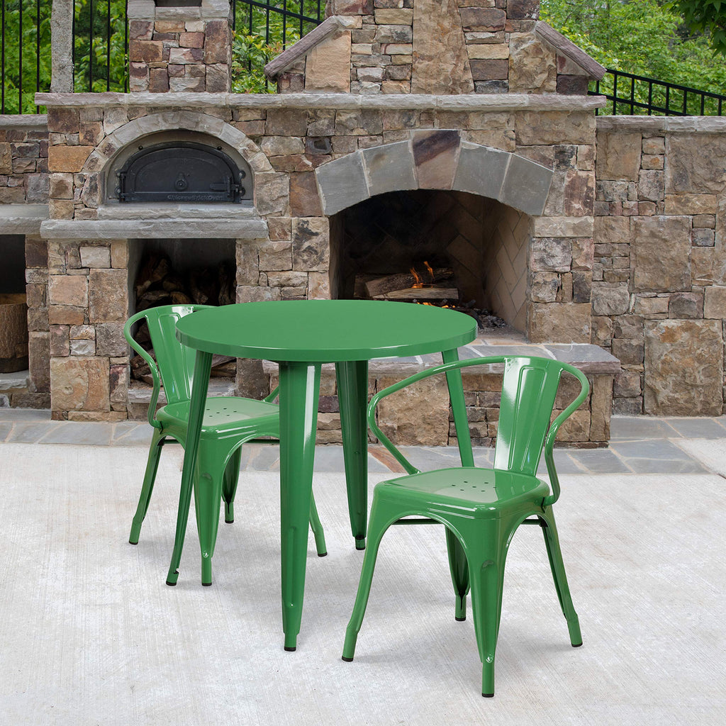 Flash Furniture Conrad Commercial Grade 30" Round Green Metal Indoor-Outdoor Table Set with 2 Arm Chairs
